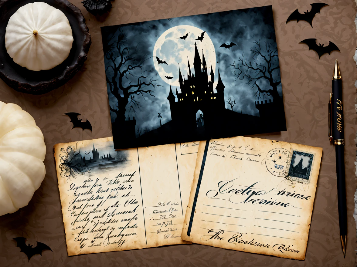 (vintage:1.3), (solo:1.3), design a (captivating gothic postcard) with old-fashioned handwriting featuring a silhouette of a vampire against a full moon backdrop, standing on top of a gothic castle, with bats flying around and a misty graveyard in the foreground, (the postcard has faded edges and handwritten text that reads 'Greetings from the Night Realm'), eerie and enchanting, on a luxurious table with skull and an elegant pen, More Detail