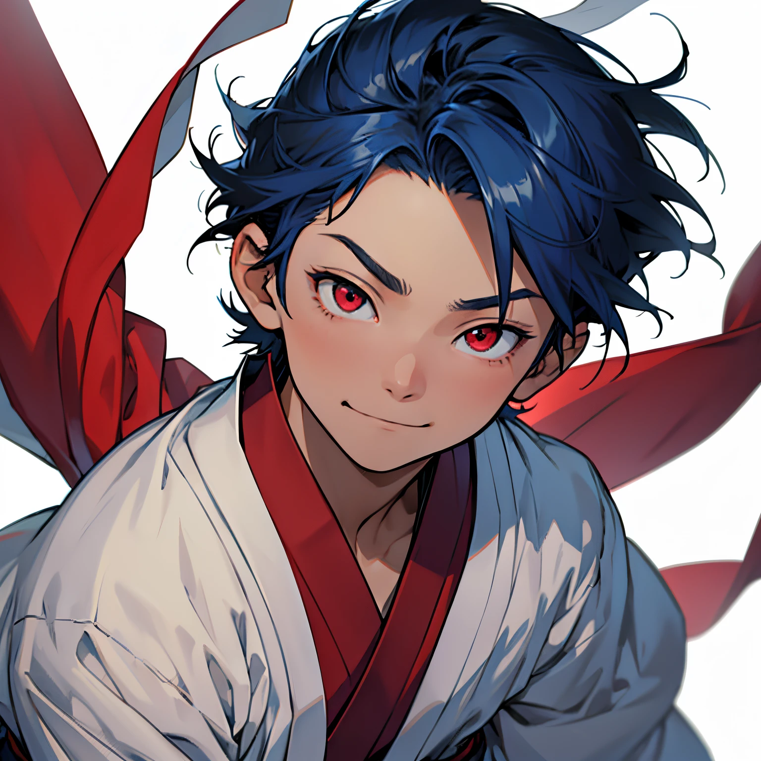 anime image of a male with dark blue hair and red eyes, very short hair, 1child, male anime kid cacter, happy expression, head shot, close up shot, white background, traditional japanese clothing, dark clothing