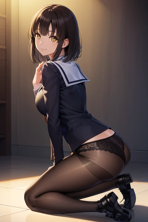 ((full body)), ((full pose)), ((medium breasts)), ((smile face:1.4)), ((kneeling on floor)), ((bathroom background)), megumi katou, brown hair, short hair, (yellow eyes:1.5), ((black pantyhose)), (black lace bra)) ((looking back)), ((black lace panties)), ((school shoes)), ((masterpiece:1.2), best quality, high resolution, unity 8k wallpaper, (illustration:0.8), (beautiful detailed eyes:1.6), extremely detailed face, perfect lighting, extremely detailed CG, (perfect hands, perfect anatomy),