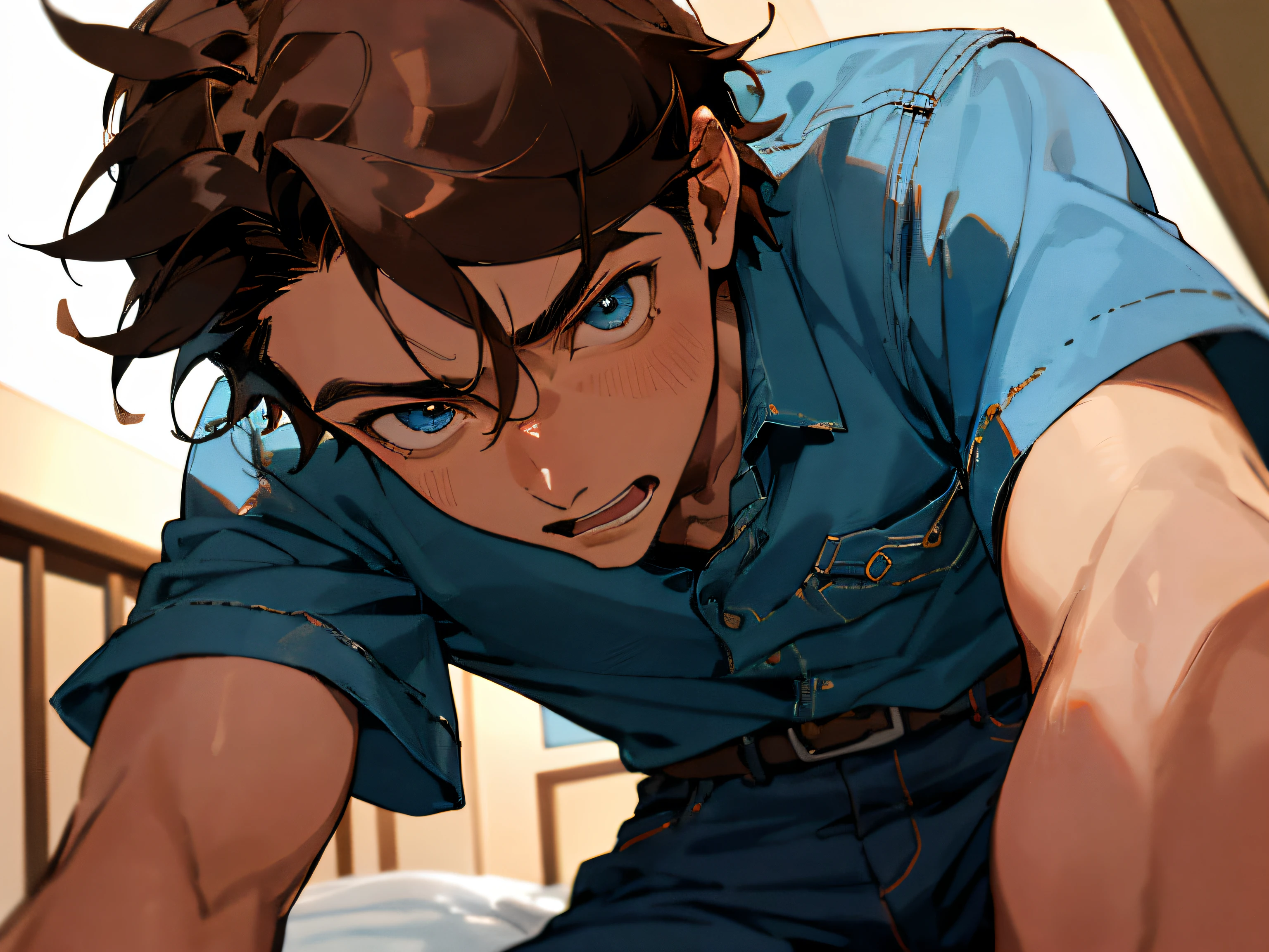 Year's on、elder brother,male people, 30-years old,1 boy、Cool,Brown hair,Blue denim shirt,eyes are brown,extreme close - up,Angle from below,perspiring,Impatient expression,Background Hotel,a bed,natta