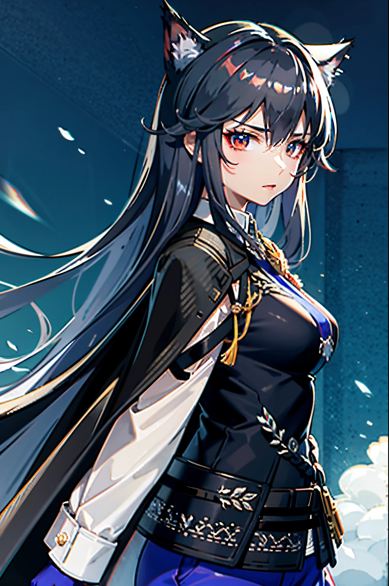 tmasterpiece，need，Extremely detailed CG-8k wallpaper close-up，woman wearing bow tie and suit, 1 female，red color eyerunette color hair，hair between eye，Cold eyes。An anime woman，Ming Ark#39;s worldvieirl in military uniform wearing hat german head omotosa