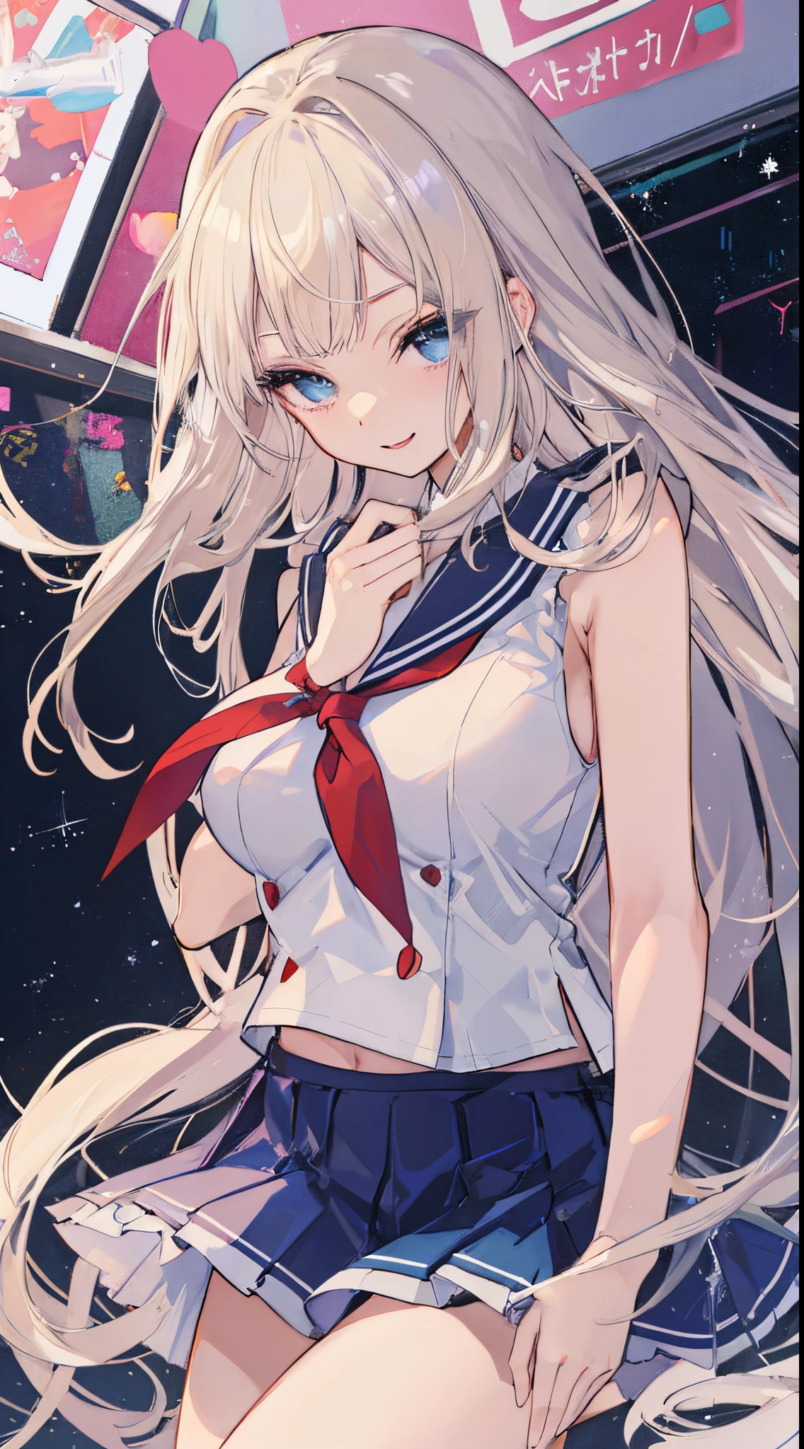 top-quality、realistic touch,high-detail、photoRealstic、Long body、captive beauty、big eye、Colossal tits、Strong platinum blonde eyelashes、platinum-blond、full body Esbian、Sparkling eyes、Submissive smile、Flushed cheeks、Kamimei、thin-waist、Voluptuous thighs、Enraptured look、Raked bangs、The forehead is protruding、Tight sailor uniform、sleeveless、Tight and short skirt with a large slit、Inside a school classroom、She isn't not wearing panties、High-waisted skirt
