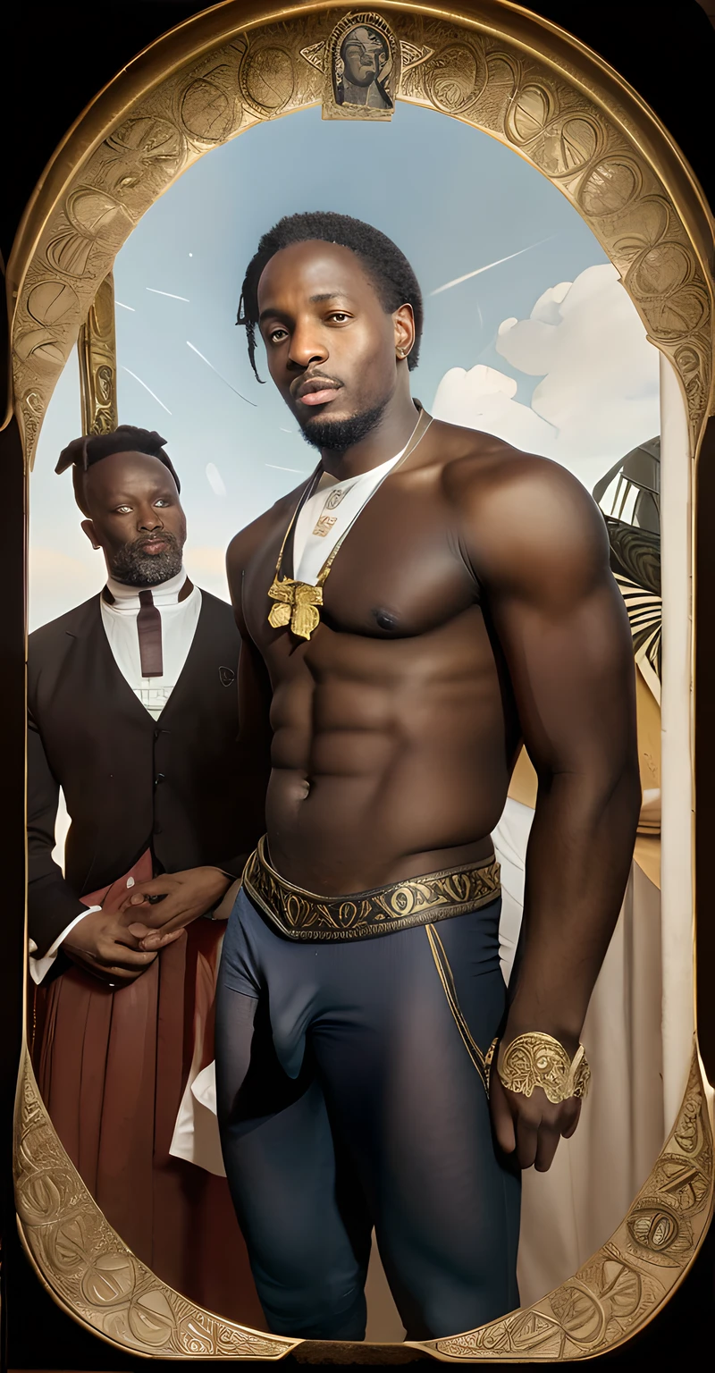 huge aureole disc, vintage black homoerotic holy card of a beautiful young AFRICAN male saint, with large luminous baroque halo behind his head, amid rays of light and clouds, holiness, rays behind his head, large bulge dickprint and beautiful ass, luminous heavenly and ethereal colours, antique image, beautiful african twink, bloody sacred heart, gold sun, filigree, shirtless, nimbus, bareback barebutt , glory, gloriole, back, nsfw