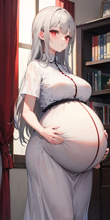 Gray hair, long hair, red eyes, ((pregnant women:1.3)), ((super large belly)), oversized breasts, senior sister,