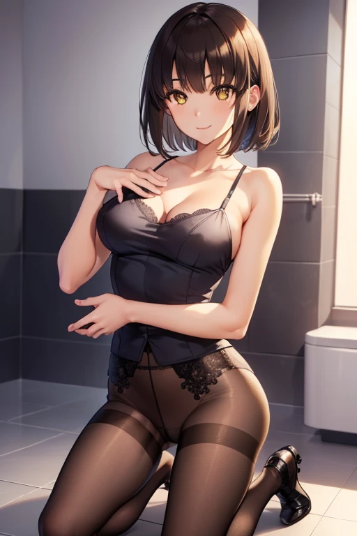 ((full body)), ((full pose)), ((medium breasts)), ((smile face:1.4)), ((kneeling on floor)), ((bathroom background)), megumi katou, brown hair, short hair, (yellow eyes:1.5), ((black pantyhose)), ((naked upper body)) ((looking back)), ((black lace panties)), ((school shoeasterpiece:1.2), best quality, high resolution, unity 8k wallpaper, (illustration:0.8), (beautiful detailed eyes:1.6), extremely detailed face, perfect lighting, extremely detailed CG, (perfect hands, perfect anatomy),