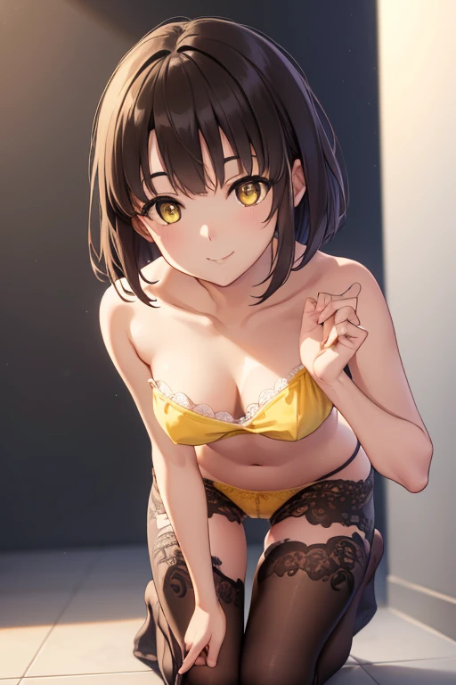 ((full body)), ((full pose)), ((medium breasts)), ((smile face:1.4)), ((kneeling on floor)), ((bathroom background)), megumi katou, brown hair, short hair, (yellow eyes:1.5), ((black pantyhose)), ((naked upper body)) ((looking back)), ((black lace panties)), ((school shoeasterpiece:1.2), best quality, high resolution, unity 8k wallpaper, (illustration:0.8), (beautiful detailed eyes:1.6), extremely detailed face, perfect lighting, extremely detailed CG, (perfect hands, perfect anatomy),