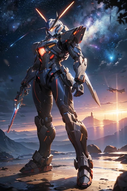 (The fighter mech is huge, realistic, realistic, fully displayed on the front side and back, rich in specific details, very three-dimensional: 1.2, can travel to and from the universe, design style, color matching is outstanding, cab details are perfectly displayed, the background is cosmic galaxy)