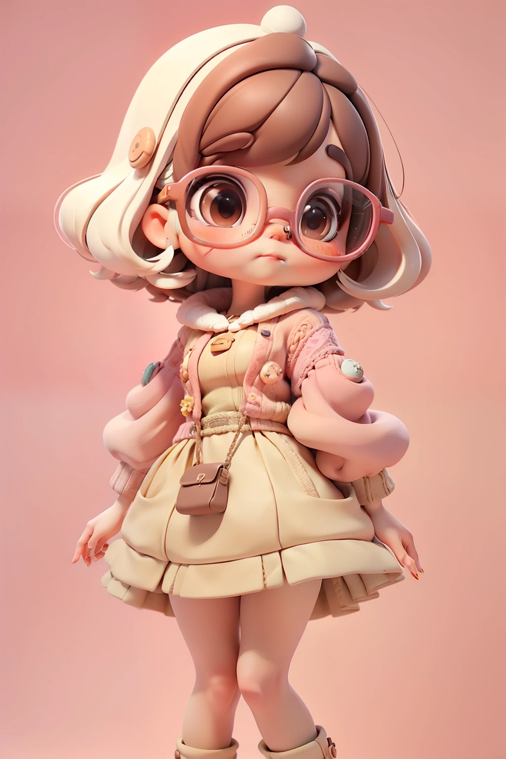A delightful ite woman, 4'11, with brown doe-like eyes and quirky glasses. She wears a pastel pink dress adorned with playful illustrations of tiny planets and robots. The dress, with a flattering fit, accentuates her petite frame and harmonizes with a cozy chunky-knit cardigan in a warm, earthy tone. Beneath, knee-high socks, matching the dress, peek out from beneath a twirl-worthy skirt. Her short, dark brown hair with bleached bangs is adorned with a whimsical hair clip shaped like a miniature, colorful planet.