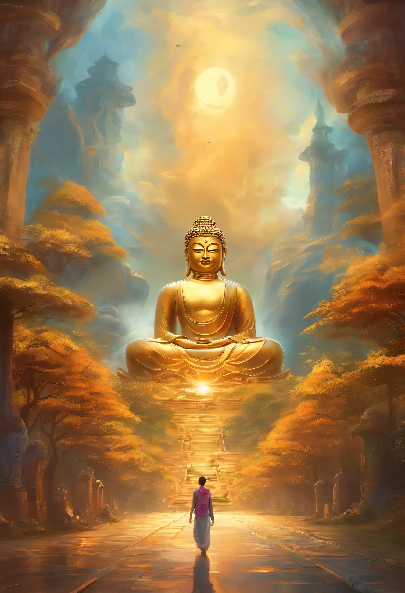 ,Big Buddha statue in the clouds in the distance,Golden Buddha statue, textur, tall, Majestic, inverted image, Pilgrims walking on the road against sunlit background. The composition beautiful, With masterpieces, the detail, and HD