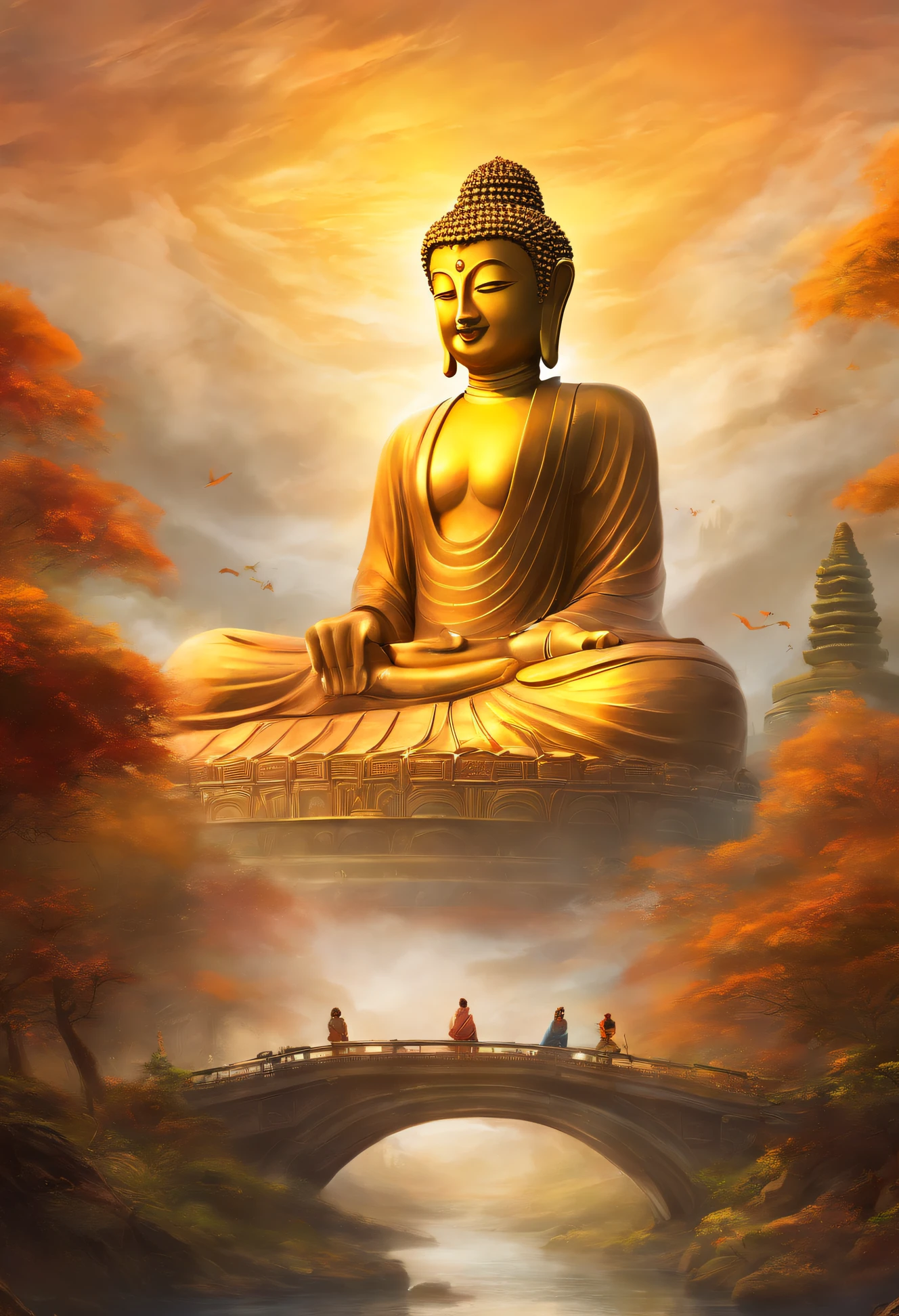 ，Big Buddha statue in the clouds in the distance,Golden Buddha statue, textur, tall, Majestic, inverted image, Pilgrims walking on the road against sunlit background. The composition  beautiful, With masterpieces, the detail, and HD