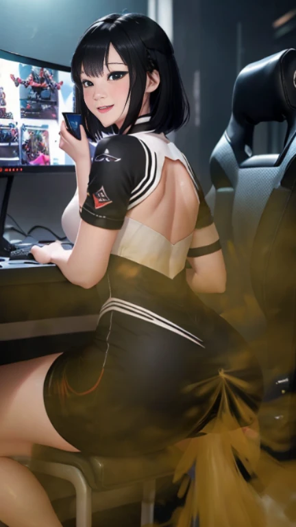 ((velocity)),Attacked by farts, (((Women farting))),(girl farting while seat on seat and playing game on smartphone)),smiled,blushing,velocity,(a female pro player), (wearing a e-sport jersey and tight dress),(tighhighs),(sit facing the screen),(her buttt facing the screen) (short hair black hair),(Asian woman),(gaming tournament),(masterpiece:1.2、top-quality)、(the Extremely Detailed CG Unity 8K Wallpapers、ultra-detailliert、Best Shadows)、(细致背景)、(The best lighting、extremely delicate and beautiful)、depth of fields、1girl in、report、upward looking gaze、