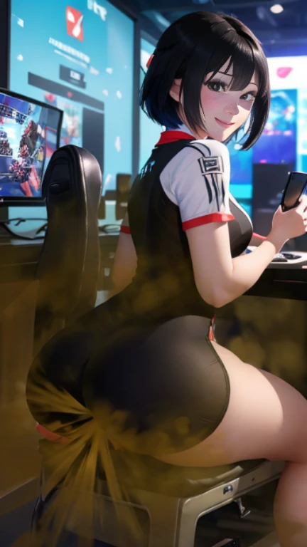 ((velocity)),Attacked by farts, (((Women ))),(girl  while seat on seat and playing game on smartphone)),smiled,blushing,velocity,(a female pro player), (wearing a e-sport jersey and tight dress),(tighhighs),(sit facing the screen),(her  facing the screen) (short hair black hair),(Asian woman),(gaming tournament),(masterpiece:1.2、top-quality)、(the Extremely Detailed CG Unity 8K Wallpapers、ultra-detailliert、Best Shadows)、(细致背景)、(The best lighting、extremely delicate and beautiful)、depth of fields、1girl in、report、upward looking gaze、