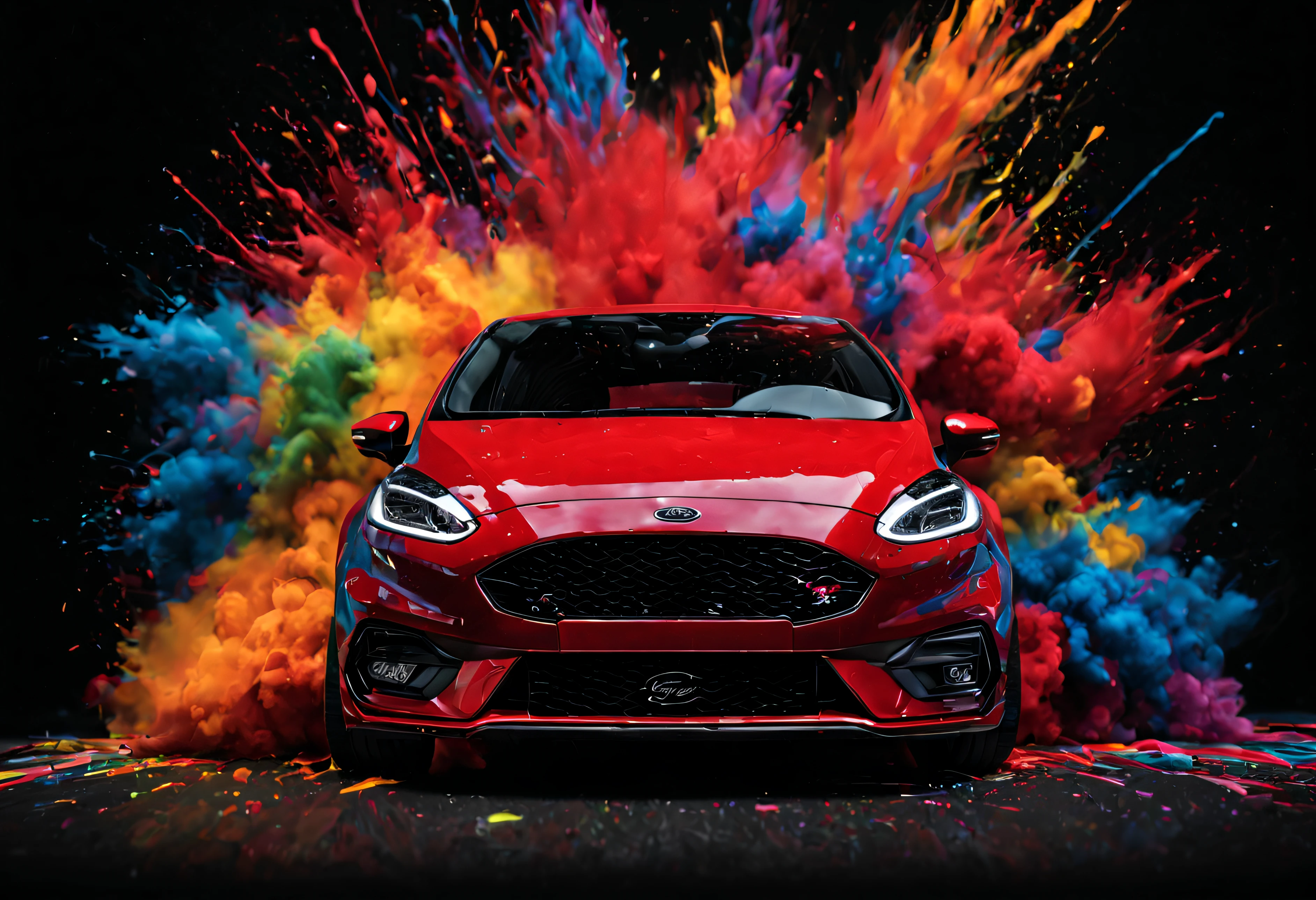 (meilleur qualité,4K,Haute résolution:1.2),Réaliste,Peinture d’art,portrait,Ford Fiesta ST 2020 rouge avec 3 portes, dans un studio photo, Sur fond noir, avec une vibrante explosion de peinture multicolore derrière la voiture, ultra-détaillée, Couleurs vives, Éclairage professionnel