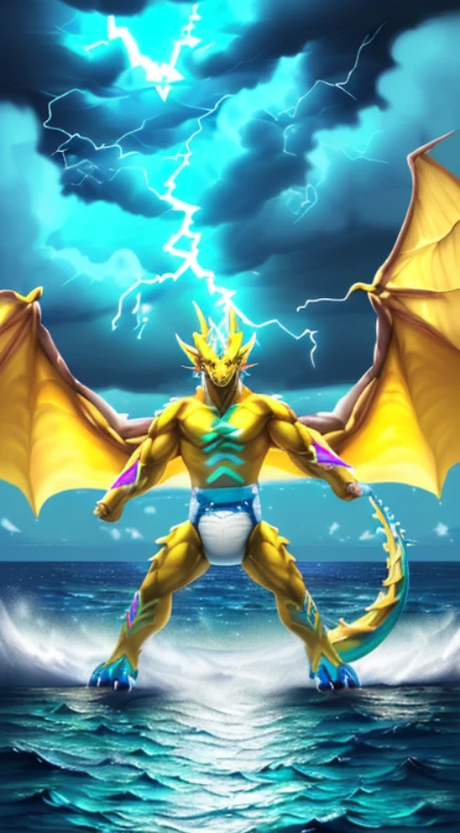 ((drawn by wadorigi on Twitter)(realistic dragon with wings and hornipedal, male proportions, big, muscled, wearing pampers disposable soggy diaper with yellow lightning shaped symbol, throwing teal lightnings from claws, Kung fu pose, surrounded by lightnings, surrounded electricity, dark clouds, in cruise, ocean