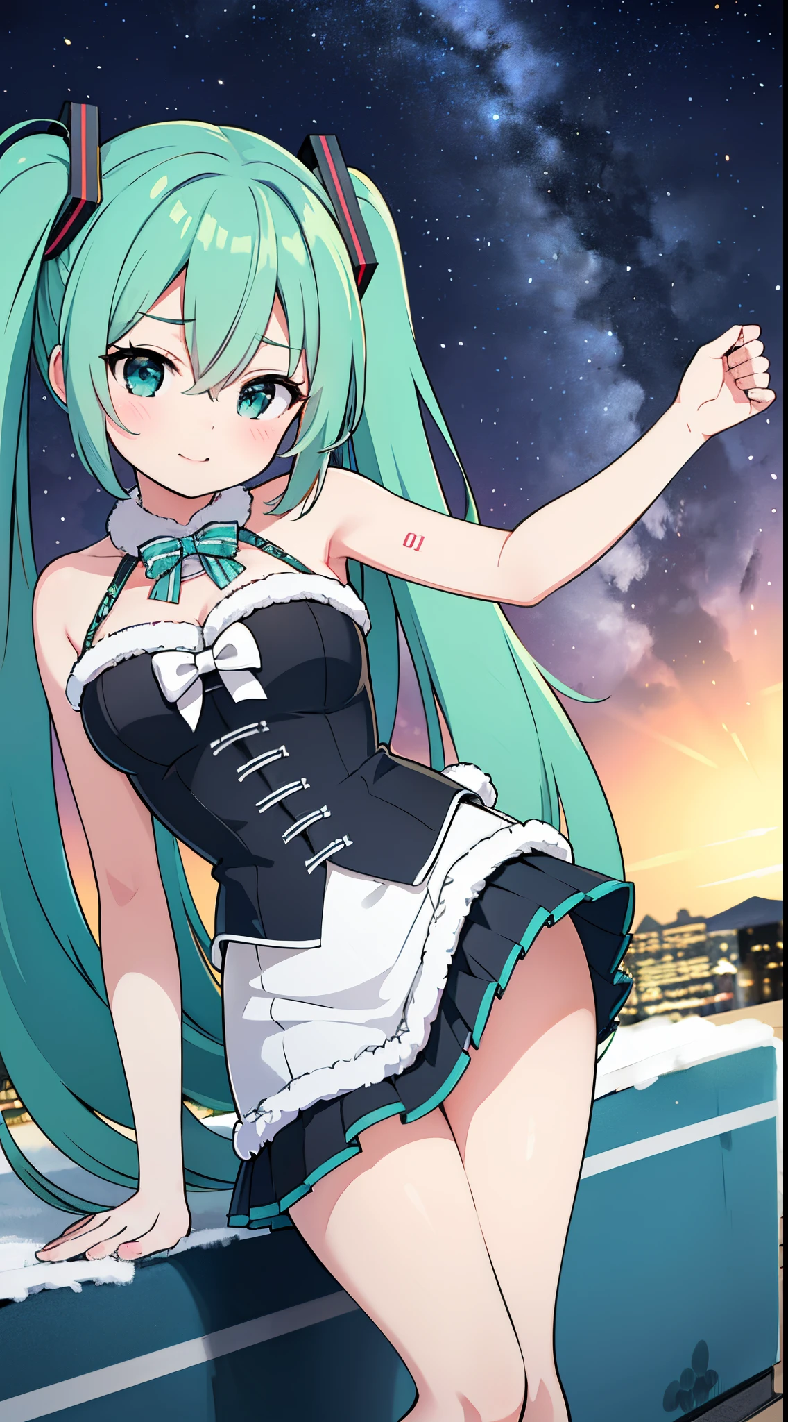(absurdres, highres, ultra detailed, HDR), masterpiece, best quality, headshot of hatsune miku in Christmas costume, striking pose, detailed scenery