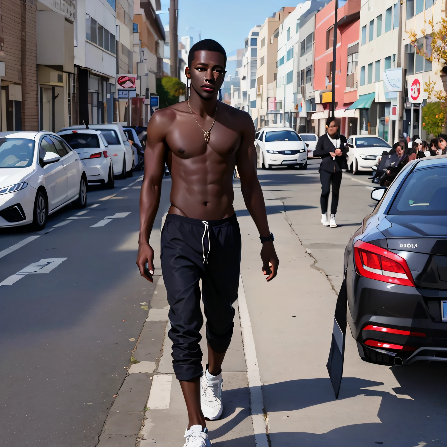 araffe man walking down a street talking on a cell phone, by Nina Hamnett, dark skinned, rick owens, man  with black skin, los angeles, male model, f / 2 0, on the runway, arian mark, fashion week, karolina cummings, black man, bryan sola, taken in the early 2020s, fashion model