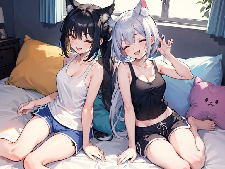 (Mood: Joyful and Positive) 2girls, Kawaii anime art of two female platonic friends in a living room. The indigo-haired woman possesses bat ears and wings. The second woman, with silver hair tied in a ponytail and orange eyes. Cute, fully visible tits, exposed chest, beautiful tits, kinky, naughty, unclothed women, the best anatomy, asian, cameltoe, unzoom, kemonomimi, large chest, completely bare skin. Glasscutters tits, tits and bits, ((((((platonic)))))), trust, (((((non-romantic))))), ((couch)), steam, shampoo, foam, ((((best friends)))), smile, open mouth (((non-sexual))), cleavage, ((((arm wrapped around another's neck)))), masterpiece, ((best quality: 1.2)), ((((playfulness)))), (((((sleep shorts))))), (((friendly gestures))), ((((laughing))), (((from above))), ((((sleeping)))), ((((open shirt)))), ((((sleep shirt))))