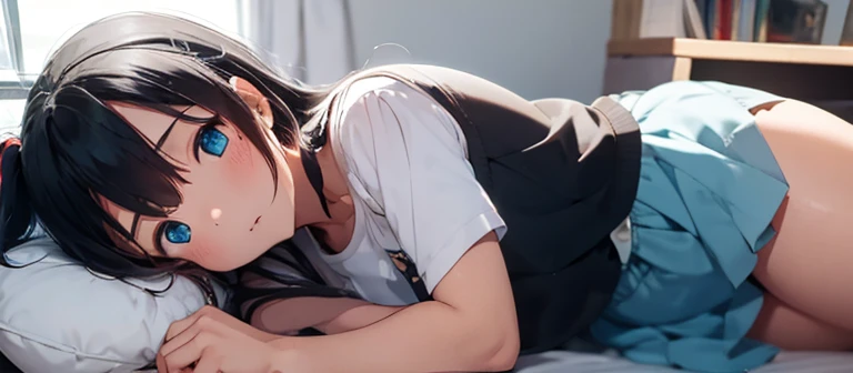 A girl, morena, long hair with ponytails, Cyan eyes, pale skin , blue top, blue skirt, sleep mask on the head