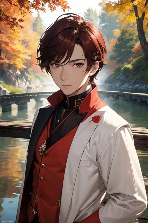 ((Masterpiece, Best Quality)), Ultra Detailed, Official Art, Unity 8k Wallpaper, Official Costume, Young Handsome Man, Solo, Perfect Face, Shiny Skin, Sparkling Pupils, Hair Pick Dyed Red, Daytime, Background is Fire Red Maple Forest, Maple Leaf, Riverside, Wooden Bridge, Aesthetic, (upper_body)