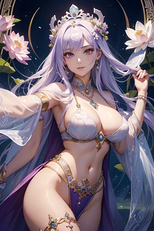 a close up of a woman in a sexy transparent white gold low-cut lace armor cleavage big breasts with a lotus flower in her hand, head jewelry, violet necklace, jade belt , toned abs, a beautiful fantasy empress, ((a beautiful fantasy empress)), beautiful celestial mage, beautiful character painting, full body xianxia, portrait knights of zodiac girl, by Yang J, g liulian art style, fantasy art style, foreshortening
