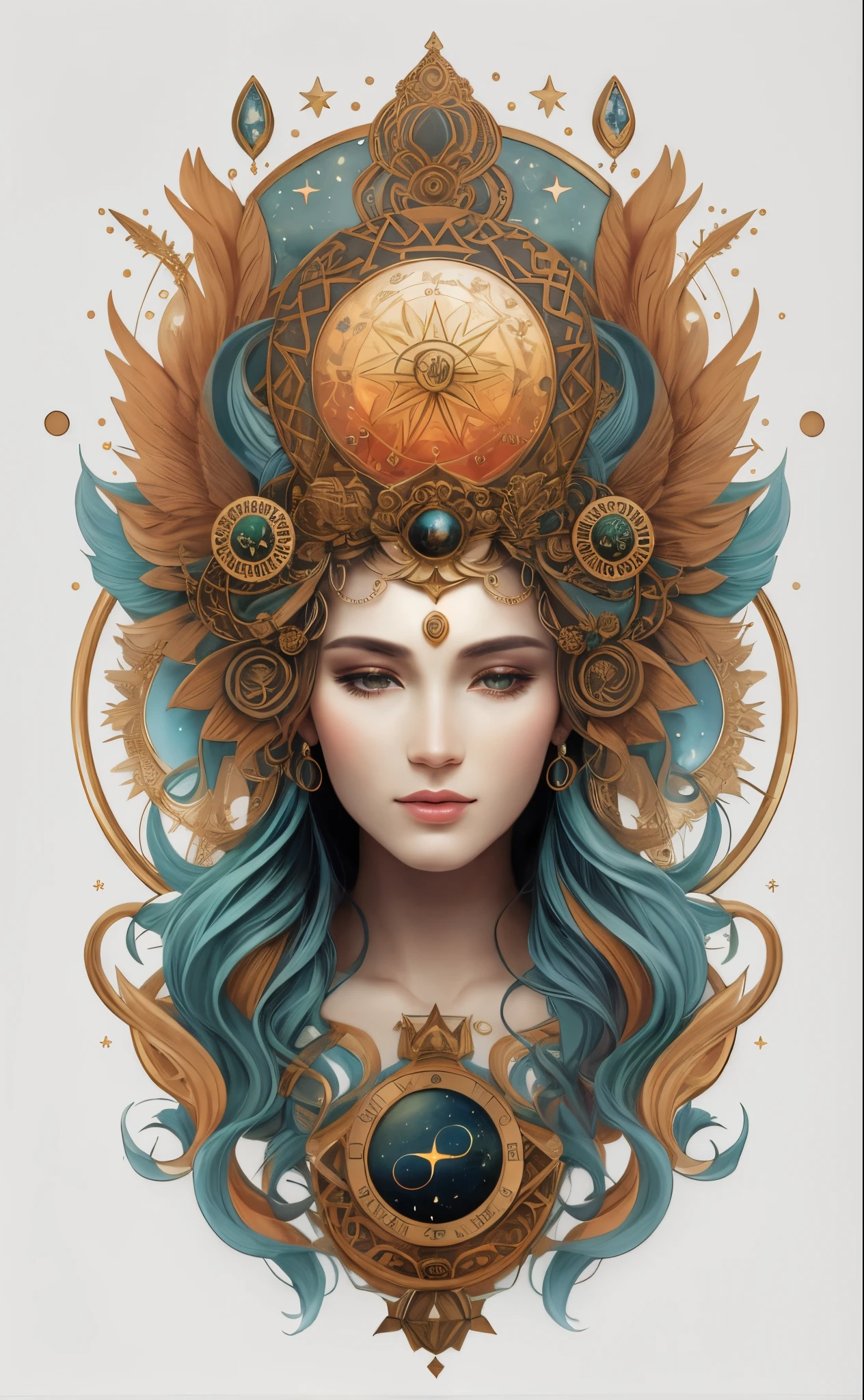 A closeup of a woman with a watch on her head, deusa. Detalhes extremamente altos, portrait of a cosmic goddess, zodiac signs, Retrato da Deusa, goddess of space and time, Deusa Celestial, Retrato de uma bela deusa, Um retrato impressionante de uma deusa, Deusa do Tempo, Mago Celestial Lindo, Retrato da deusa 3D, portrait of a norse moon goddess, cosmic goddess