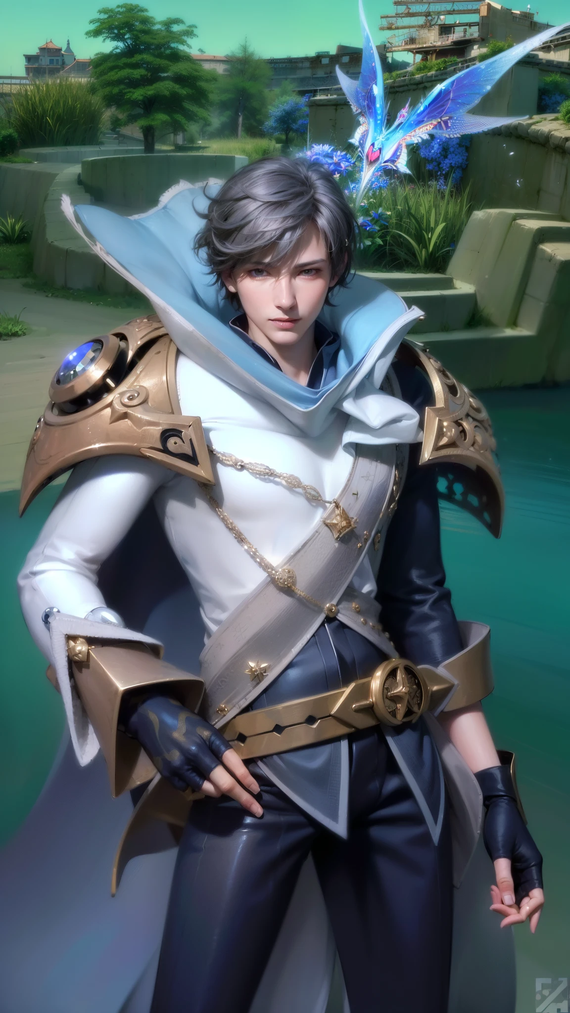 masculine male, masterpiece, ((perfect eyeest quality, (semirealism:1.9), beautiful lighting, (extremely detailed CG unity 4k fhd wallpaper), High Detail, Sharp focus, dramatic outdoors, 1 boy ,19 years old, white hair, light purpel eyes, smile.