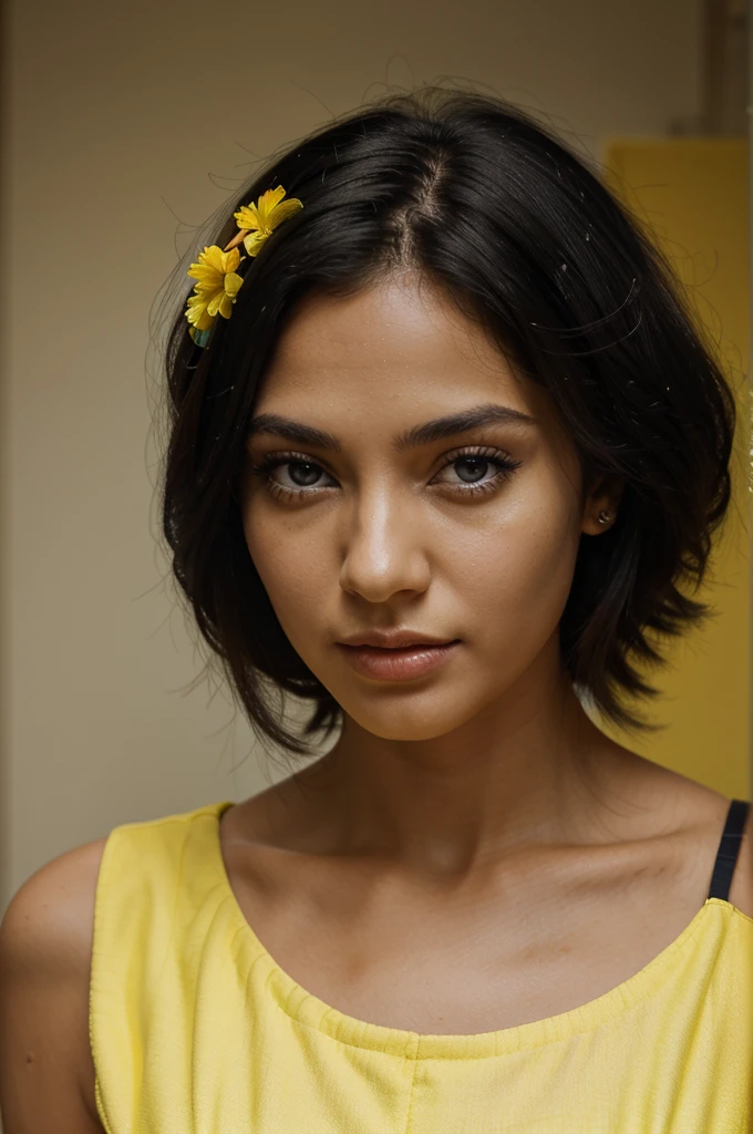 a Brazilian Woman, black hair, yellow dress, blue eyes, high definition, realism