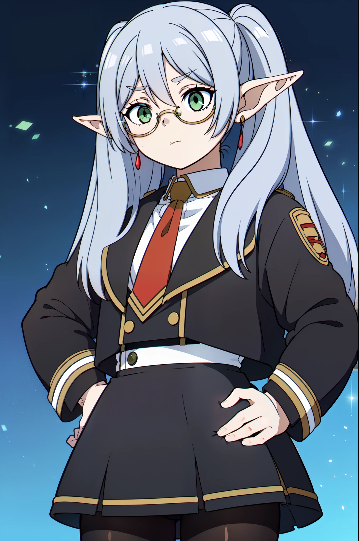 masterpiece, best quality, 8k, 1girl, solo, frieren, long hair, twintails, (green eyes:1.2), grey hair, pointy ears, elf, serious, closed mouth, beautiful, perfect bokeh, small breasts, formal, (black jacket, necktie, skirt suit, pantyhose), ((sunglasses)), light particles, bokeh, black background ((close-up)), upper body, ((hands on hips)), absurdres