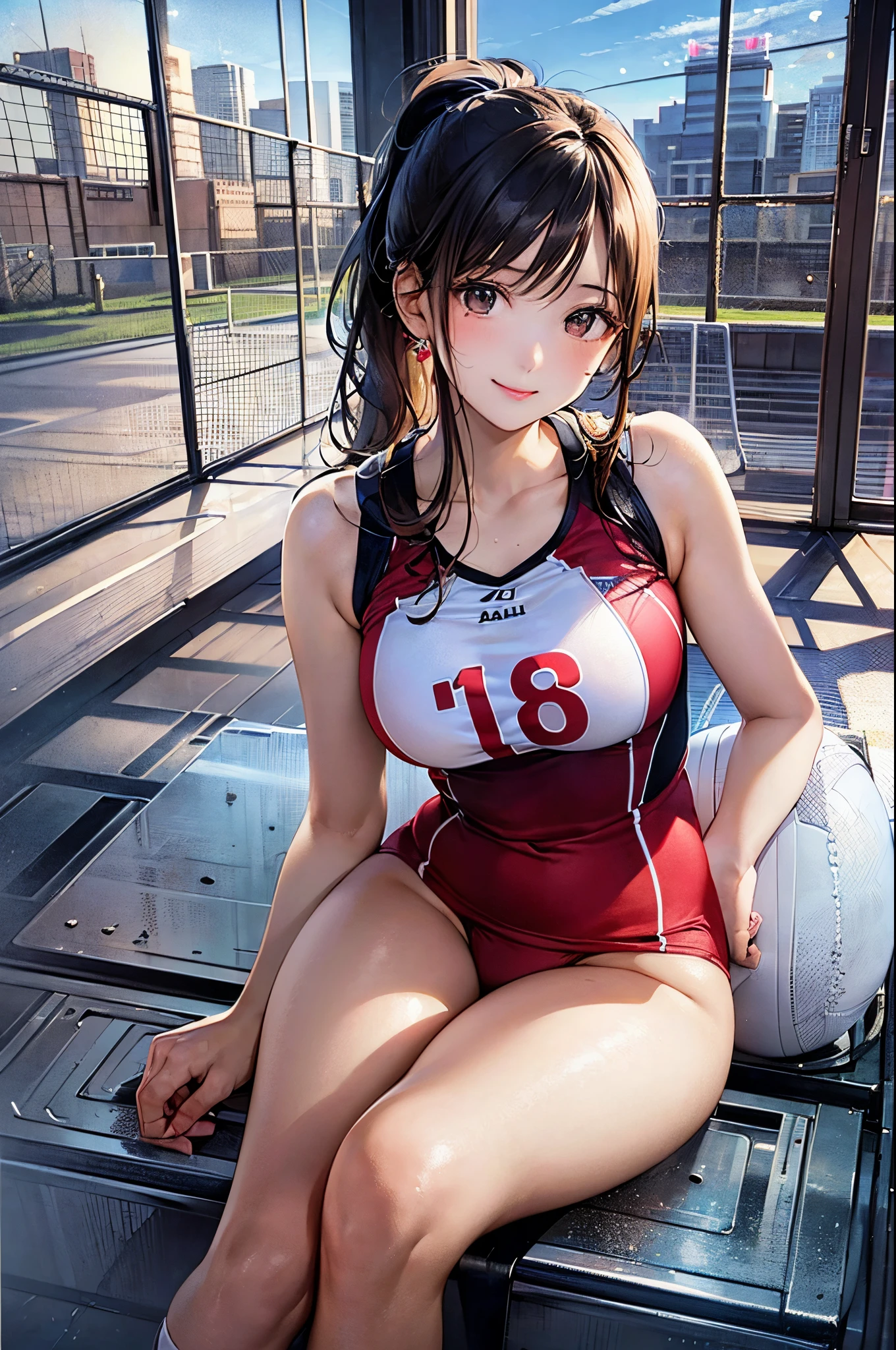 ((((perfect anatomy, super detailed skin)))), 1 girl, japanese, , volleyball player, shiny skin, watching the view,
beautiful hair, beautiful face, beautiful detailed eyes, brown eyeiddle hair:1.4, ponytail:1.5),
beautiful collarbones, beautiful body, Beautiful breasts, beautiful thighs, beautiful legs, babyface, monder eye, large breasts:0.5, seductive thighs, cameltoe,
((symmetrical clothinetallic, sleeveless, volleyball uniform, buruma)),
smile:1.5, sitting floor, ((((m leg, spread legeautiful scenery), morning, ((gymnasium), stadiam),
(8k, top-quality, masterpiece:1.2, extremely detailed), (photorealistic:1.4), beautiful illustration, natural lighting,