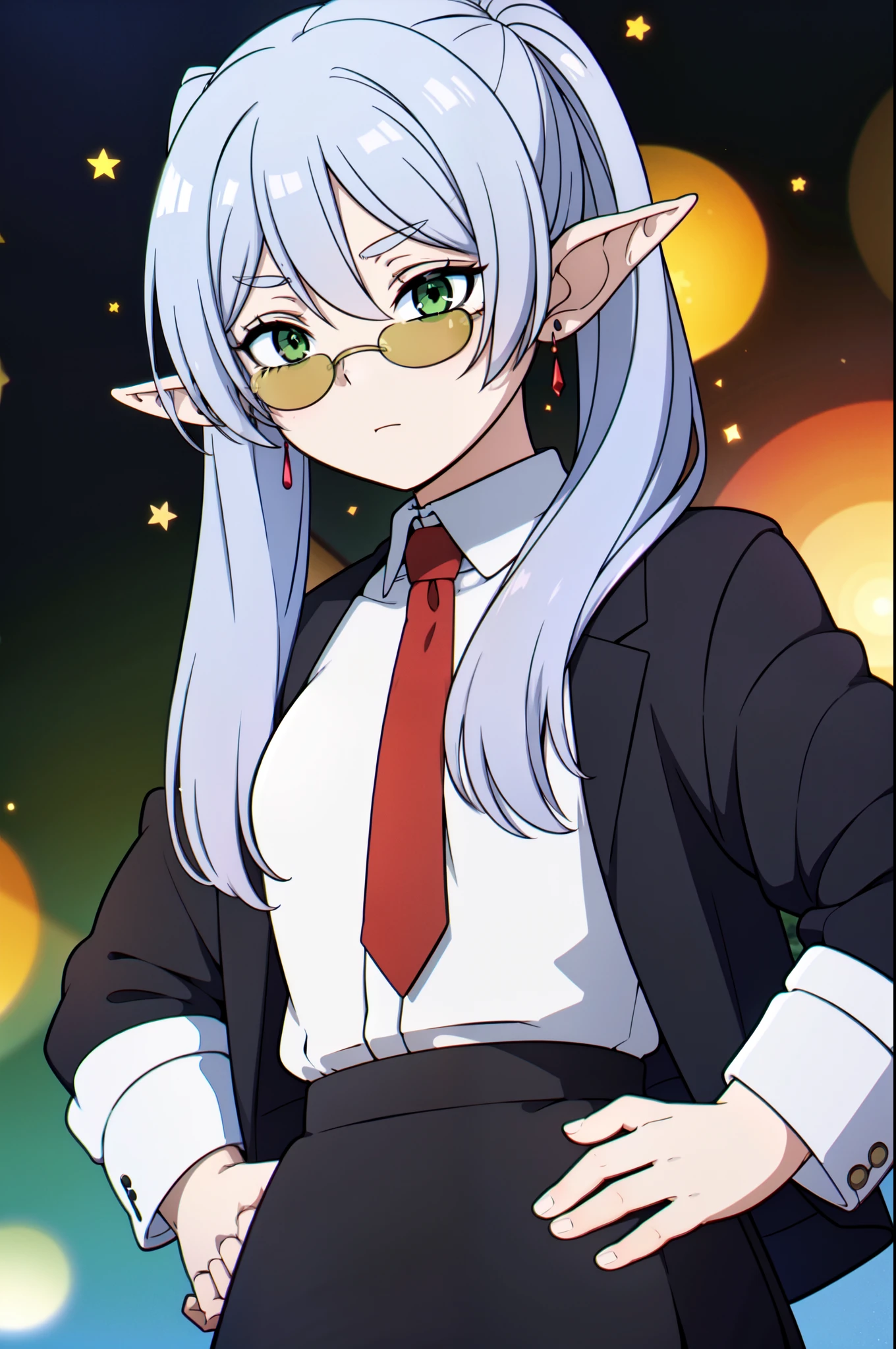 masterpiece, best quality, 8k, 1girl, solo, frieren, long hair, twintails, (green eyes:1.2), grey hair, pointy ears, elf, serious, closed mouth, beautiful, perfect bokeh, small breasts, formal, (black jacket, necktie, skirt suit, pantyhose), ((sunglasses)), light particles, bokeh, black background ((close-up)), upper body, ((hands on hips)), absurdres