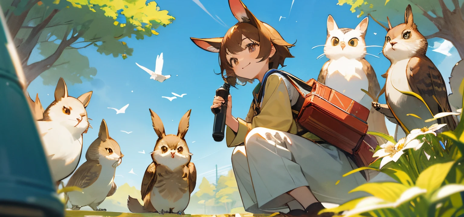 The background is a bright blue sky、A lush green grassland in the center。On the left side is an adorable rabbit character.、Holding a camera in one hand、In his other hand he holds a large microphone.。The rabbit is facing the viewer with a wide smile.、Various animals are gathered around excitedly.。
There is a wise owl on the right、He is depicted giving instructions through a megaphone.。Books and notebooks symbolizing knowledge are scattered around the owl.。Other animals are curious々He is looking up at the owl with a strange expression.、It has a school atmosphere.。
In the foreground is an energetic squirrel jumping around.、Holds heart-shaped balloons and a bouquet of flowers。Smiling little birds fly around the squirrel.、Creates a fun atmosphere。
The overall atmosphere is bright and positive.、This is an image of animals with friendly faces providing fun and learning to children.。