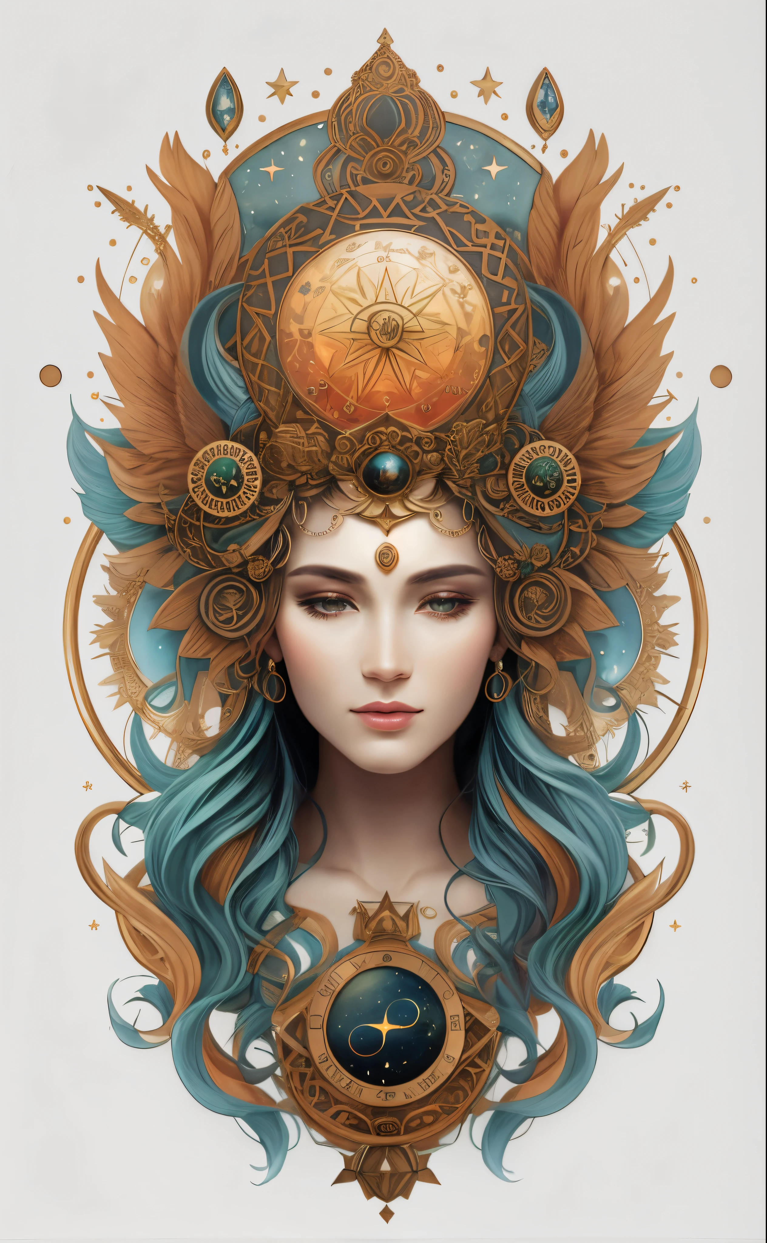 A closeup of a woman with a clock on her head, deusa. detalhes extremamente altos, portrait of a cosmic goddess, zodiac signs, Retrato da Deusa, goddess of space and time, Deusa Celestial, Retrato de uma bela deusa, Um retrato impressionante de uma deusa, Deusa do Tempo, Mago Celestial Lindo, Retrato da deusa 3D, portrait of a norse moon goddess, cosmic goddess