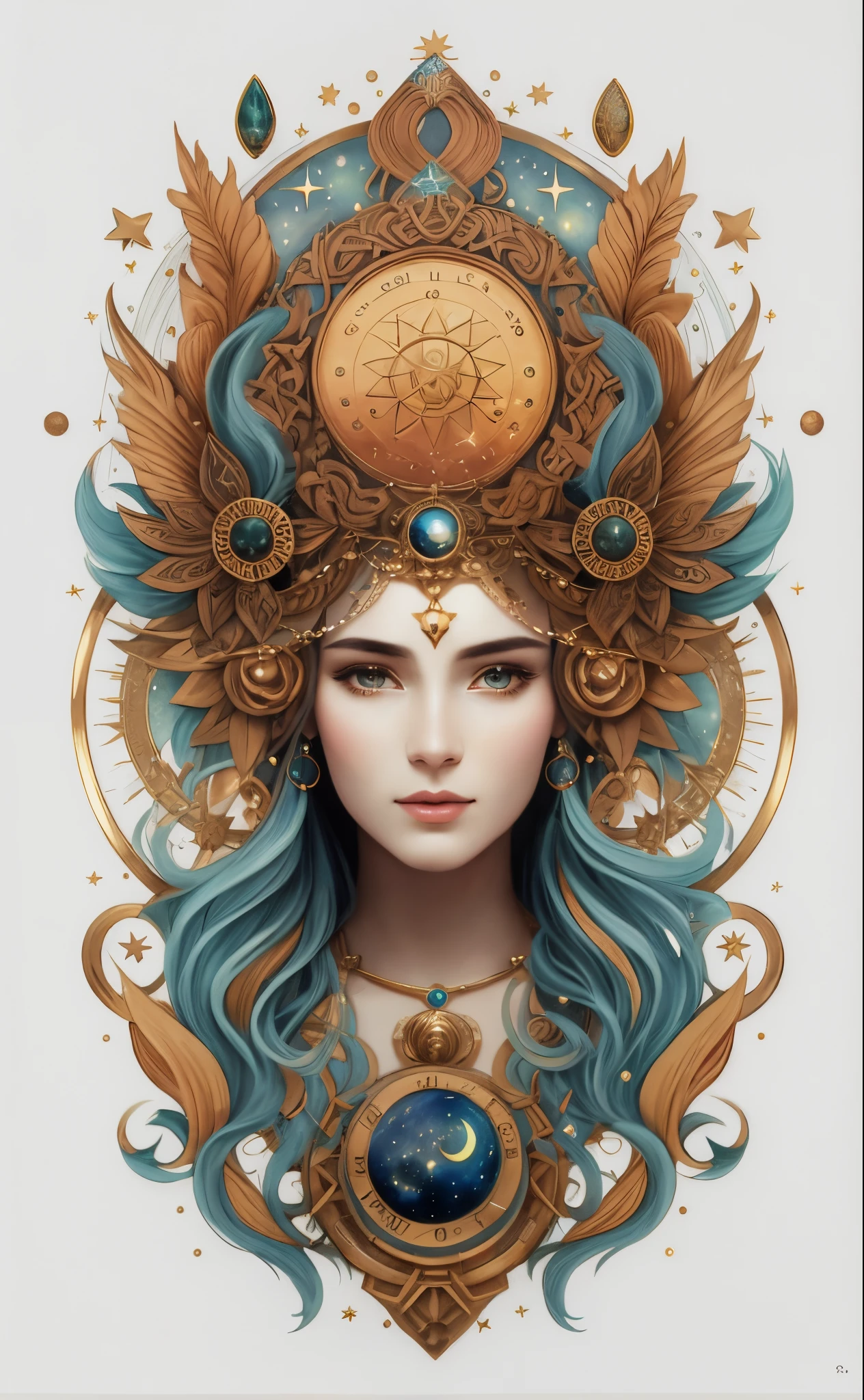 A closeup of a woman with a watch on her head, deusa. Detalhes extremamente altos, portrait of a cosmic goddess, zodiac signs, Retrato da Deusa, goddess of space and time, Deusa Celestial, Retrato de uma bela deusa, Um retrato impressionante de uma deusa, Deusa do Tempo, Mago Celestial Lindo, Retrato da deusa 3D, portrait of a norse moon goddess, cosmic goddess