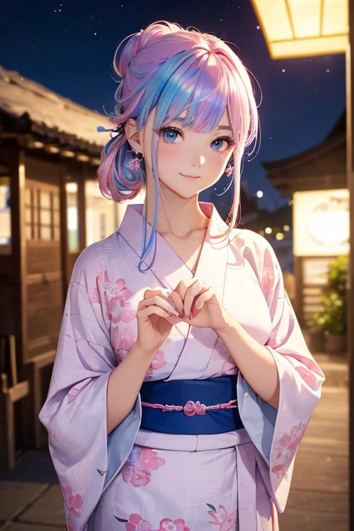(masterpiece), (((highest quality)), (super detailed), 1 girl, (iridescent hair, colorful hair, half blue and half pink hair: 1.2), 17 years old, (yukata: 1.2), outdoor, bangs, smile, sky blue eyes, perfect hands, perfect hands, hand details, corrected fingers. Earrings, Night Store + Background, looking_at_viewer, Cowboy Shot, Top Quality, Rich Detail, Perfect Image Quality,