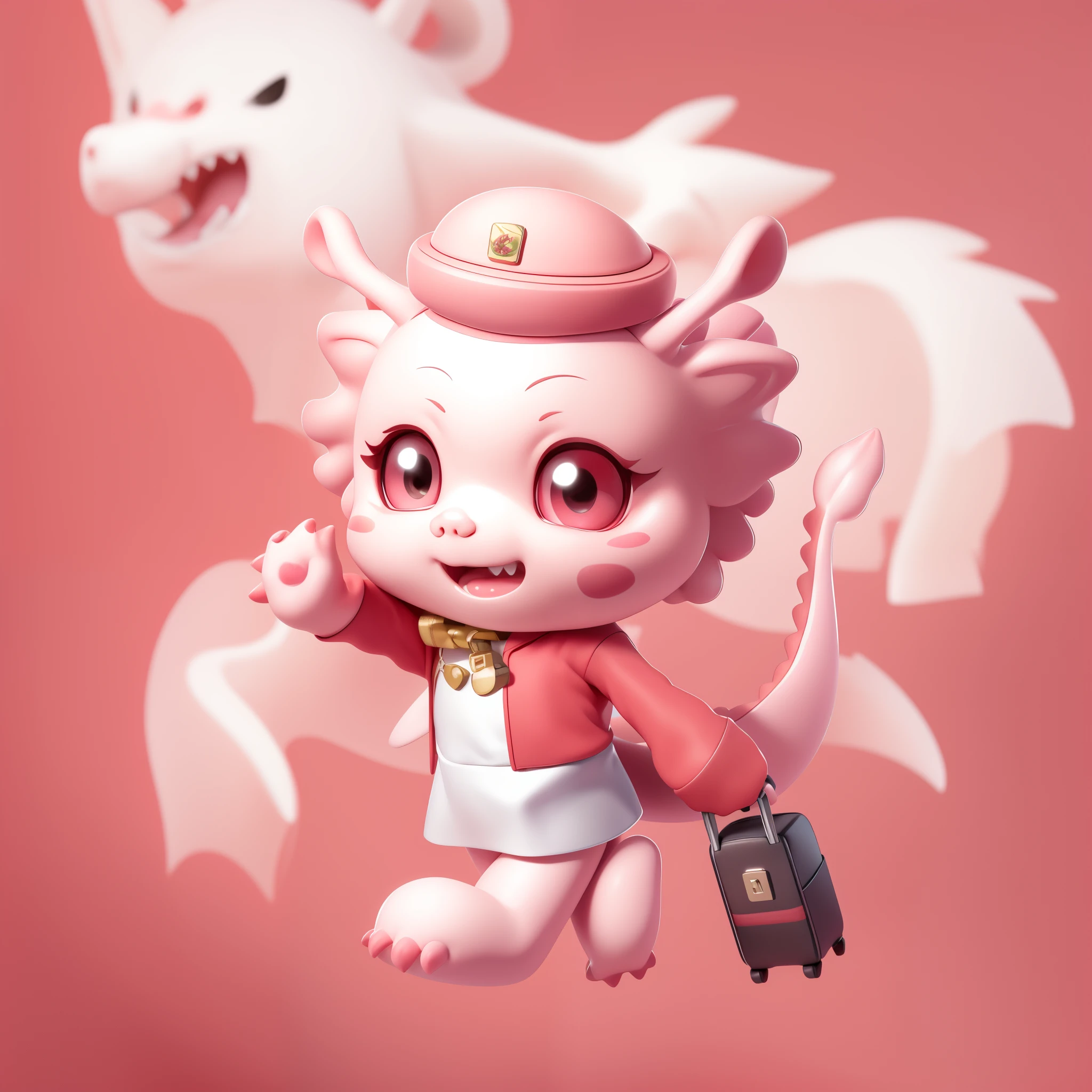 Dragon image,3d effect,Blind box textures,pink face,Wear red,Holding the suitcase,