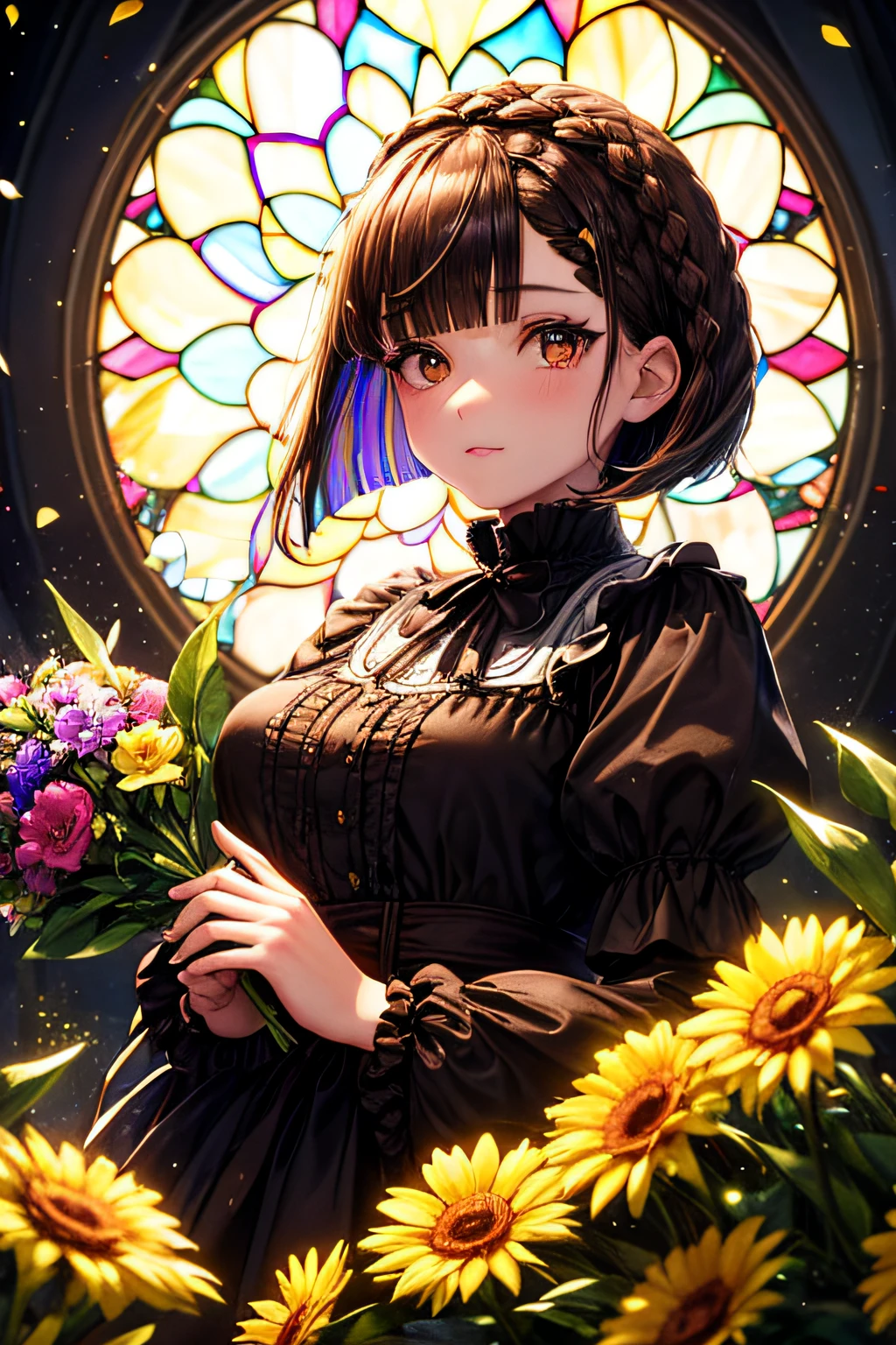 ((worst quality, low-quality)), ((girl with)), (Gothic lolita), ((Brown hair bob cut,Braids on the sides):1.3),  plump shiny lips, Beautiful brown eyes, Spoken Heart, Leaning forward, (((Combining beautiful colorful flowers into one))), Confetti, (Stained glass window background), ((Shining sunlight)), (light Particle, light glow, llight rays:1.4), masutepiece,Best Quality,ultra-detailliert,