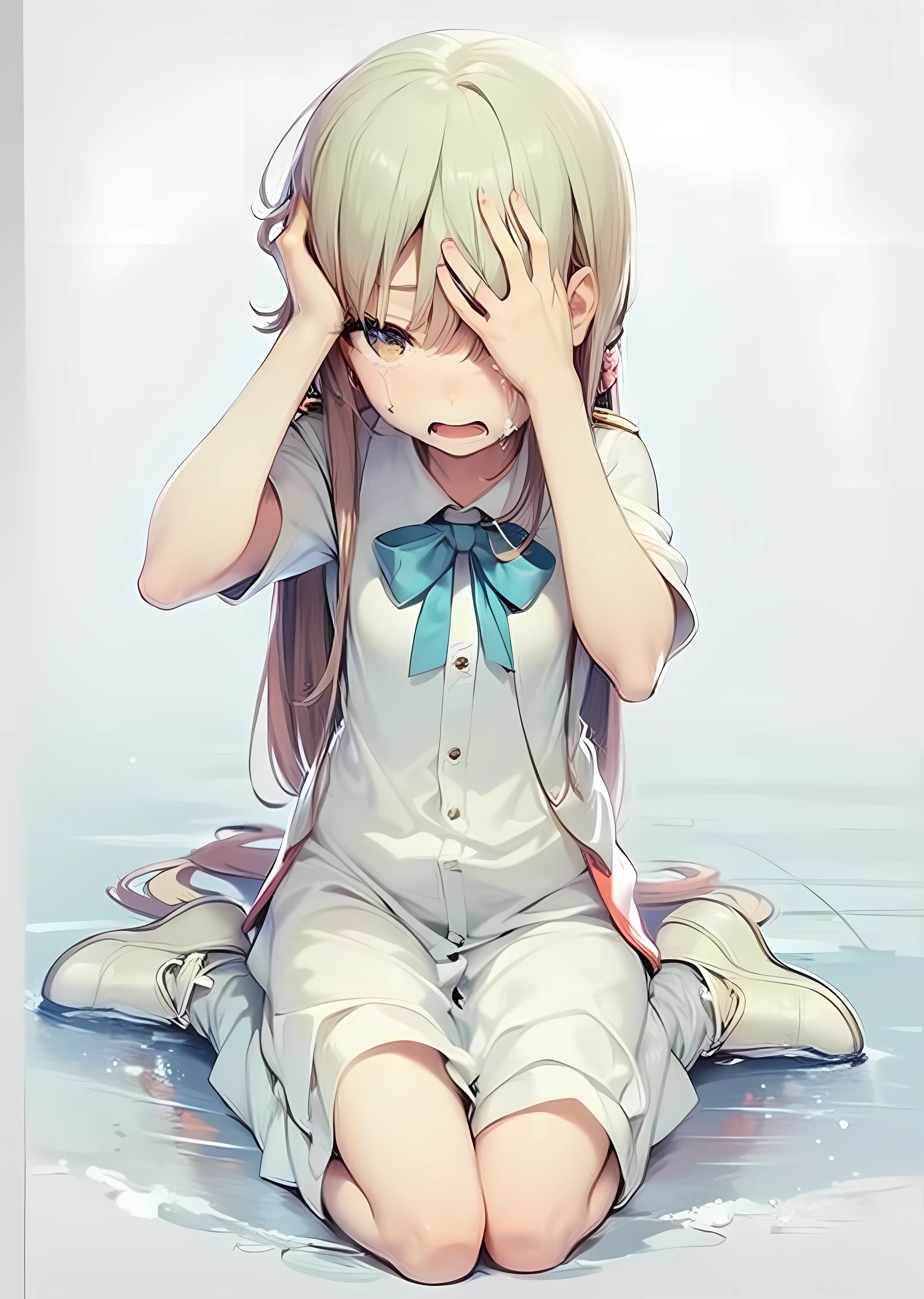 girl, world war 1 outfit, tatter outfit , crying, hide face