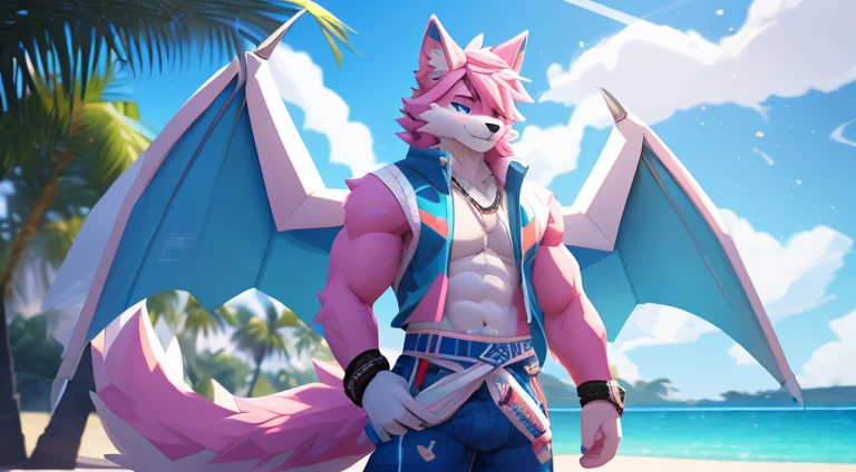 a man with a pink hat that says y2k and has pink and white dragon wings on the back, a low poly render by Kanbun Master, tumblr, furry art, roblox avatar, fursona wearing stylish clothes, white fluffy hair almost covering the eyes, ocean blue colored eyes, white and blue colored headphones with cat ears, white croptop with design, pink fur with white underbelly, pink fur legs with white paws, blue jacket tied around the waist, wearing pastel colored bracelets and pink and blue pastel short gloves, muscular, male furry style, oc rendered, generic furry style, high quality topical render, realistic render shading, big penis, cum, cumshot, NSFW