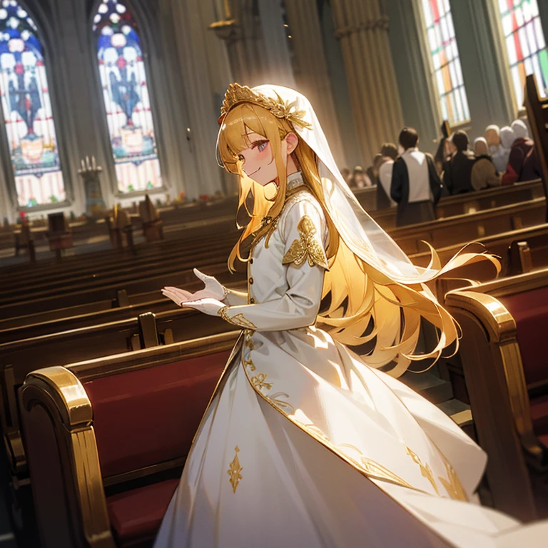 In front of the altar of a majestic church、golden long hair girl、Classic White Wedding Dresses、Long sleeve、long cuffs with many buttons、golden embroidery、Long Train、white glove、5 fingers、a smile