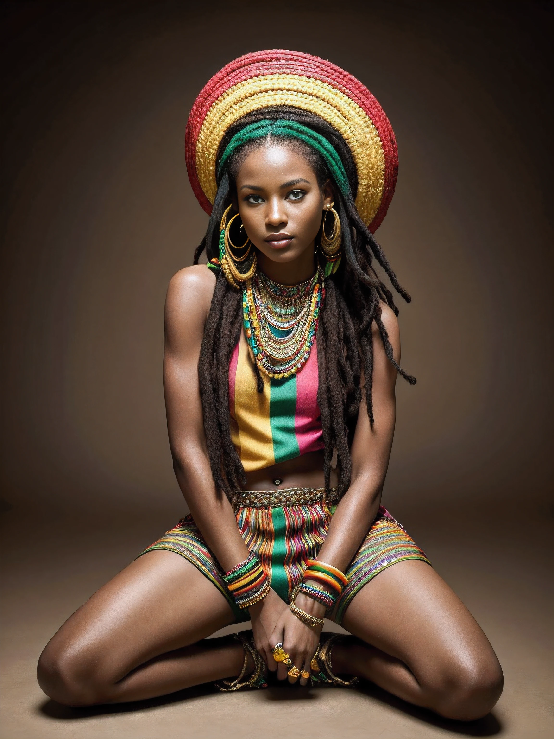 «»A vibrant and culturally expressive photo showing a model dressed in trendy rasta fashion, Taken in a professional photo studio. The focus should be on capturing the colorful and relaxed nature of the rasta style through eye-catching and symbolic outfits... El fondo del estudio debe mantenerse neutral, permitiendo que la moda rasta sea el punto culminante principal. Lighting setup should be carefully designed to create a warm and welcoming atmosphere., reflecting the spirit of unity and positivity associated with rasta culture. The model must dress in a collection of Rasta-inspired clothing., incluyendo vibrantes camisas tie-dye, Reggae-themed accessories, gorros de colores, and symbolic jewelry, representando la esencia de la moda rasta. The image must be taken with a high resolution camera and a medium shot to show the model&#39;s poses and the intricate details of the Rasta clothing accurately.. The model&#39;s poses should reflect the relaxed, free-spirited vibe of Rasta culture.., Bringing expressive fashion to life in a contemporary and elegant way. para inspirarse, consider rasta-themed fashion magazines, Reggae music album covers, and iconic dreadlock celebrities known for their trend-setting style.(((vibrante y culturalmente expresiva muestra de moda rasta))) (((Professional photo studio))) (((fondo neutro))) (((Warm and welcoming lighting))) (((High resolution))) (((Plano medio)))»»