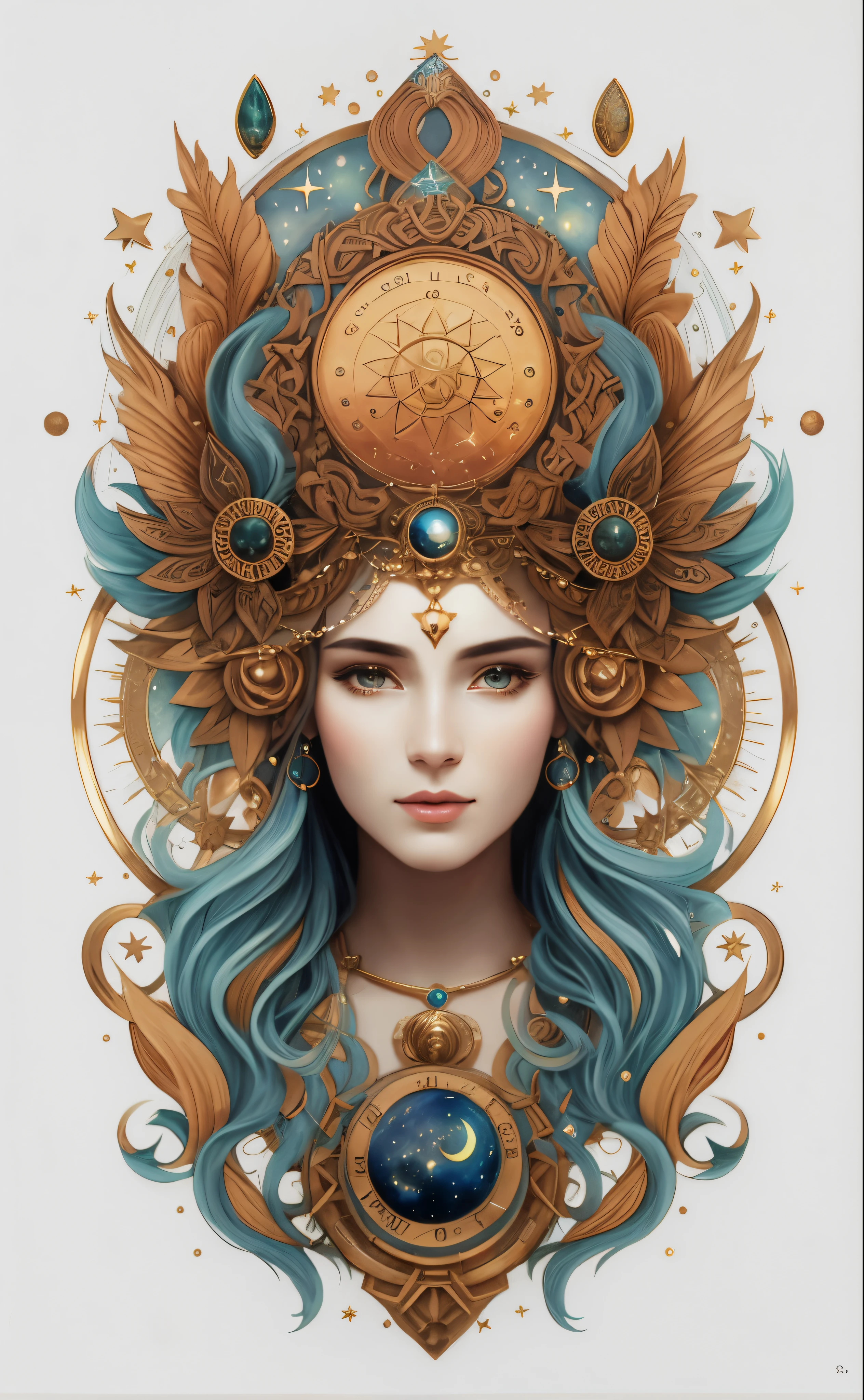 A closeup of a woman with a clock on her head, deusa. detalhes extremamente altos, portrait of a cosmic goddess, zodiac signs, Retrato da Deusa, goddess of space and time, Deusa Celestial, Retrato de uma bela deusa, Um retrato impressionante de uma deusa, Deusa do Tempo, Mago Celestial Lindo, Retrato da deusa 3D, portrait of a norse moon goddess, cosmic goddess