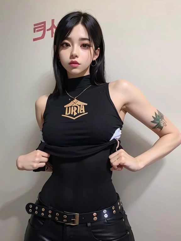 ((NECK CHOKER)), ((GOTHIC BLACK EYELASHES & LIPS)), ((BLACK LIPS)), ((shorthaircut:1.3)), adorable, 1 girl, (face to face), , baby face, happy, half body portrait, (face details: 1), (eye details: 1), ((tiny breasts)). ((croptank "IRON MAIDEN" logo)), ((net stockings)), lingerie