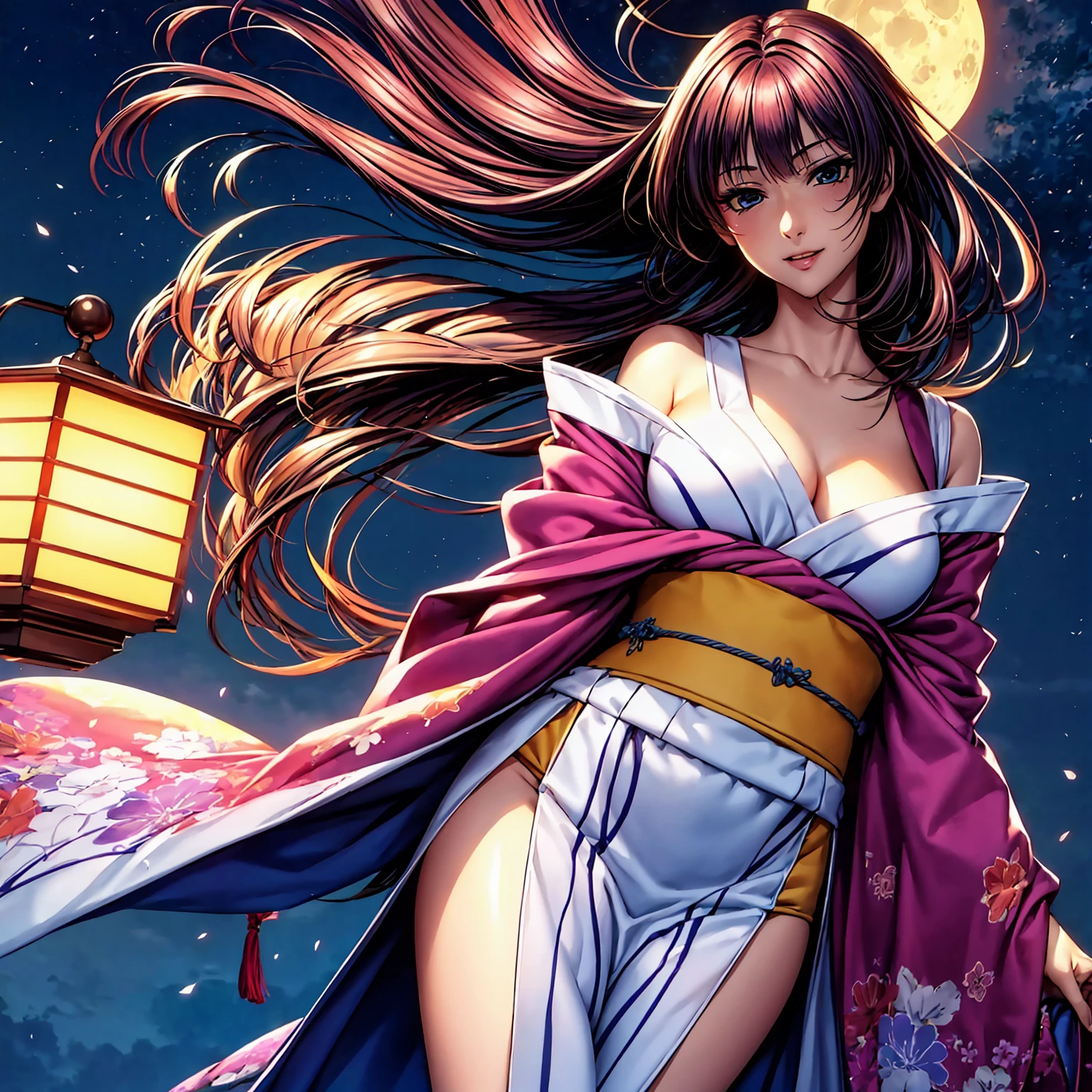(top-quality、masterpiece、very high res、超A high resolution,High resolution details 1.5)、A woman of perfect and ultimate beauty(24 years old 1.5)、(Beautiful breasts and body shape 1.5)、Beautiful body、美丽的面容、large pink,Long hair,colorful and beautiful hair、Japan hair ornament,realistic textured skin,Wearing a beautiful Japanese long kimono,Kimono has colors and patterns.,Kimono sleeves and obi are long,Arms outstretched,Exposed shoulders from kimono,I can see the cleavage,Bright smile,Mouth opens,Hair flutters under the influence of the wind,The sleeves and obi of a kimono flap due to the wind.,that is a mysterious place,Fantastic night sky and beautiful full moon,Lantern light,Beautiful Landscapes、(The whole body,thigh visible,accurate anatomy、extremely detailed picture、Accurate images、Perfect Image 1.5)、、beautiful anime woman, Beautiful Art Style, an animated character、The whole picture、Detailed picture、Defect-free images、natural soft light、beautiful image、、(Best Shot 1.2)