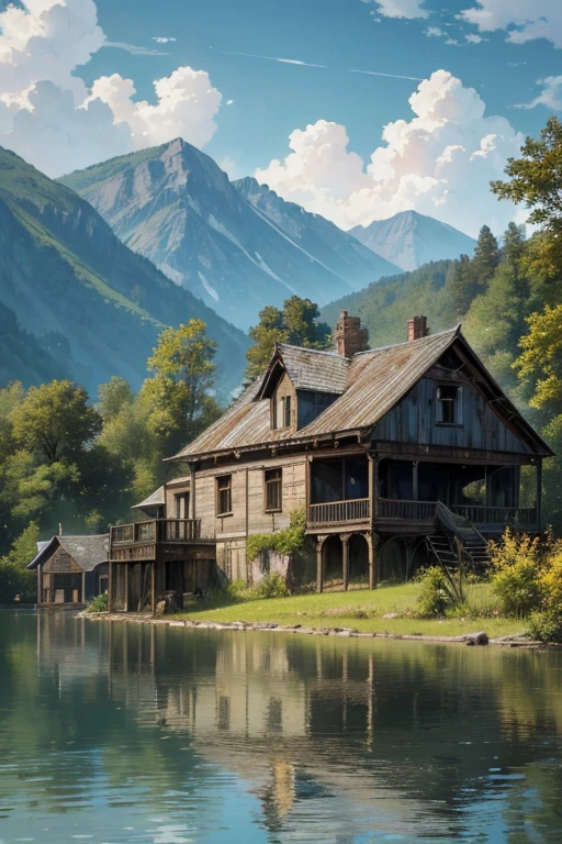 Abandoned house by the lake,landscape, water, (8k wallpaper of extremely detailed CG unit), most beautiful works of art in the world, majestic oil painting professional, intricate, high detail, sharp focus, dramatic and photorealistic painting art