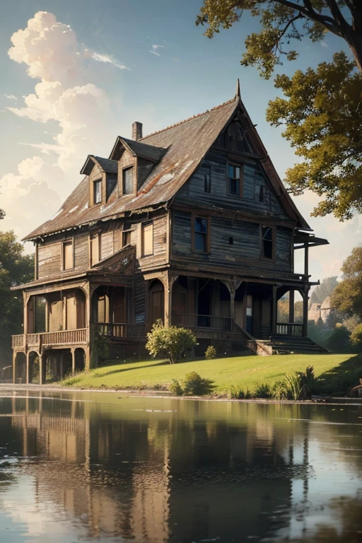 Abandoned house by the lake,landscape, water, (8k wallpaper of extremely detailed CG unit), most beautiful works of art in the world, majestic oil painting professional, intricate, high detail, sharp focus, dramatic and photorealistic painting art