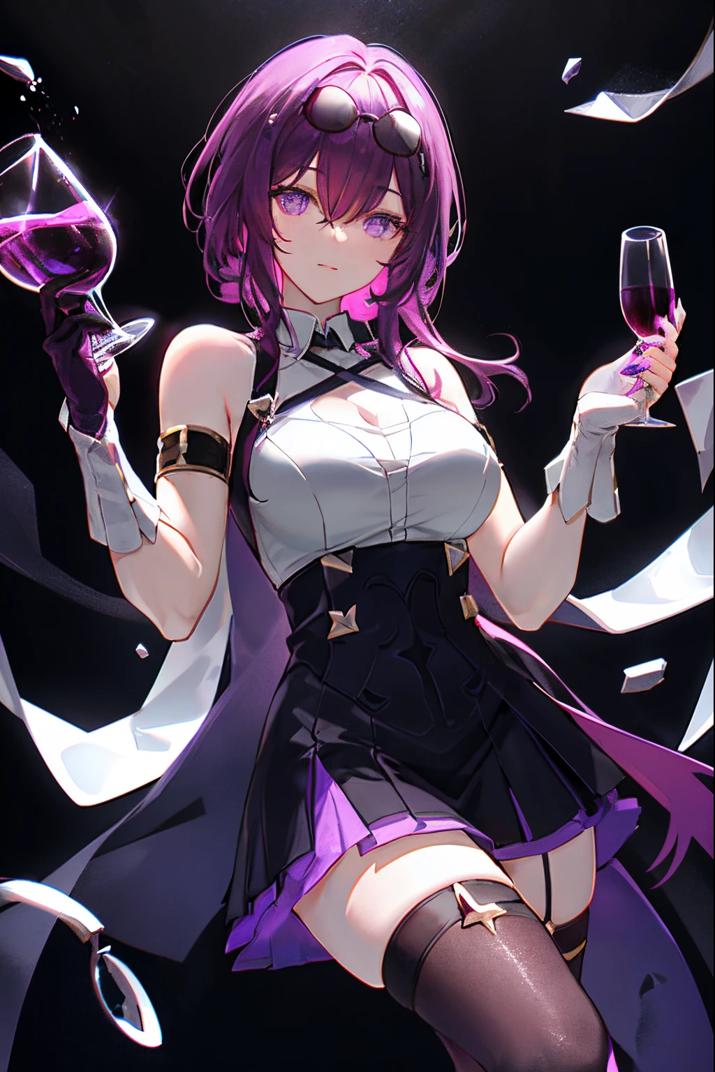 KafkaHKS, Honkai Star Orbit, 1个Giant Breast Girl, alcohol, alternate costume, armlets, of shoulders, with black background, Black dress, Black gloves, Black stockings, , cleave, cross reins, Ccup, a skirt, drinking glass, florals, mitts, gradient backgrounds, hair between eye, wearing sunglasses on the head, halter neck, ngel, Hold a cup, , long whitr hair, looking at viewert, Purple colored hair, Short purple nails, a purple eye, mitts, own, Raise your legs, upper legs, long whitr hair, wine, wine masterpiece)) Purple pleated skirt, sitted,