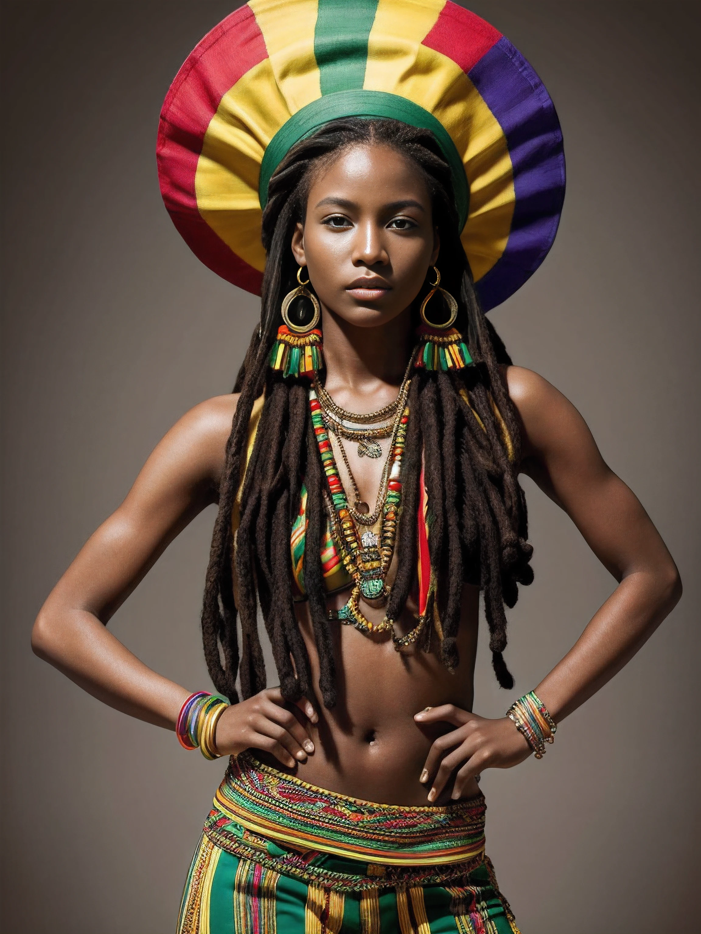 «»A vibrant and culturally expressive photo showing a model dressed in trendy rasta fashion, Taken in a professional photo studio. The focus should be on capturing the colorful and relaxed nature of the rasta style through eye-catching and symbolic outfits... El fondo del estudio debe mantenerse neutral, permitiendo que la moda rasta sea el punto culminante principal. Lighting setup should be carefully designed to create a warm and welcoming atmosphere., reflecting the spirit of unity and positivity associated with rasta culture. The model must dress in a collection of Rasta-inspired clothing., incluyendo vibrantes camisas tie-dye, Reggae-themed accessories, gorros de colores, and symbolic jewelry, representando la esencia de la moda rasta. The image must be taken with a high resolution camera and a medium shot to show the model&#39;s poses and the intricate details of the Rasta clothing accurately.. The model&#39;s poses should reflect the relaxed, free-spirited vibe of Rasta culture.., Bringing expressive fashion to life in a contemporary and elegant way. para inspirarse, consider rasta-themed fashion magazines, Reggae music album covers, and iconic dreadlock celebrities known for their trend-setting style.(((vibrante y culturalmente expresiva muestra de moda rasta))) (((Professional photo studio))) (((fondo neutro))) (((Warm and welcoming lighting))) (((High resolution))) (((Plano medio)))»»