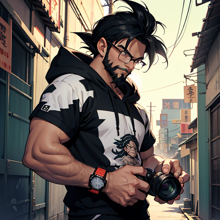 ((A man taking a photo of the lens with a digital SLR camera:1.2)),frontage,Wear a hoodie,Wearing glasses,Black hair,Sony Camera in his right hand,Dragon Ball Painting Art Style,japanese cartoon style,has a beard,wrist watch,light body hair,monochrome art background
