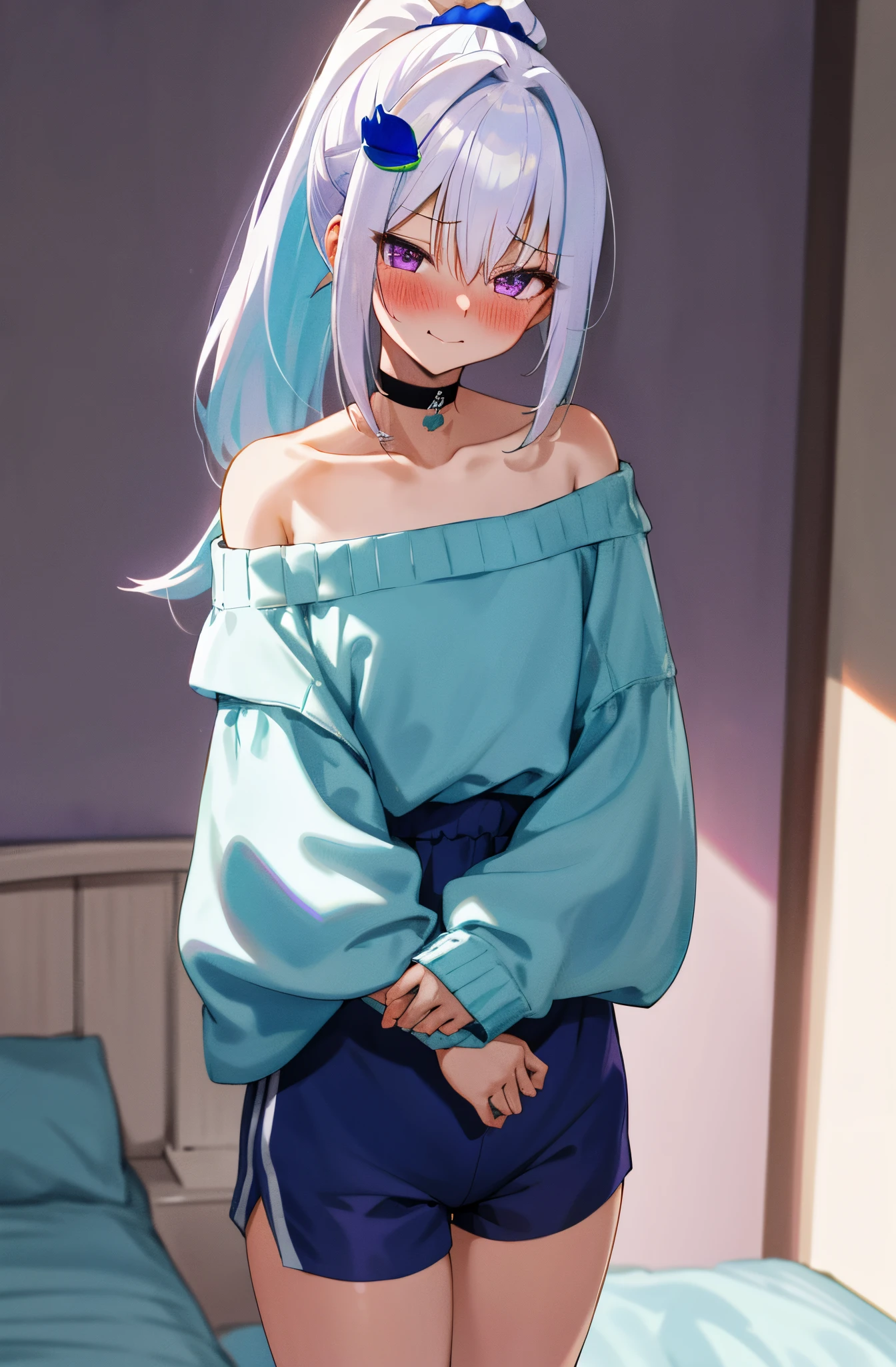 One girl with high ponytail hair, white hair, blue inner hair, purple eyes, looking at viewer, sleepy, blushing, bare shoulders, embarrassed, little smile, wake up from sleep, off-shoulder sweater, sport shorts, bedroom, thigh, slim, dizzy, choker, mid-chest, wide hips, perfect waist, morning atmosphere, hair ornament, standing,