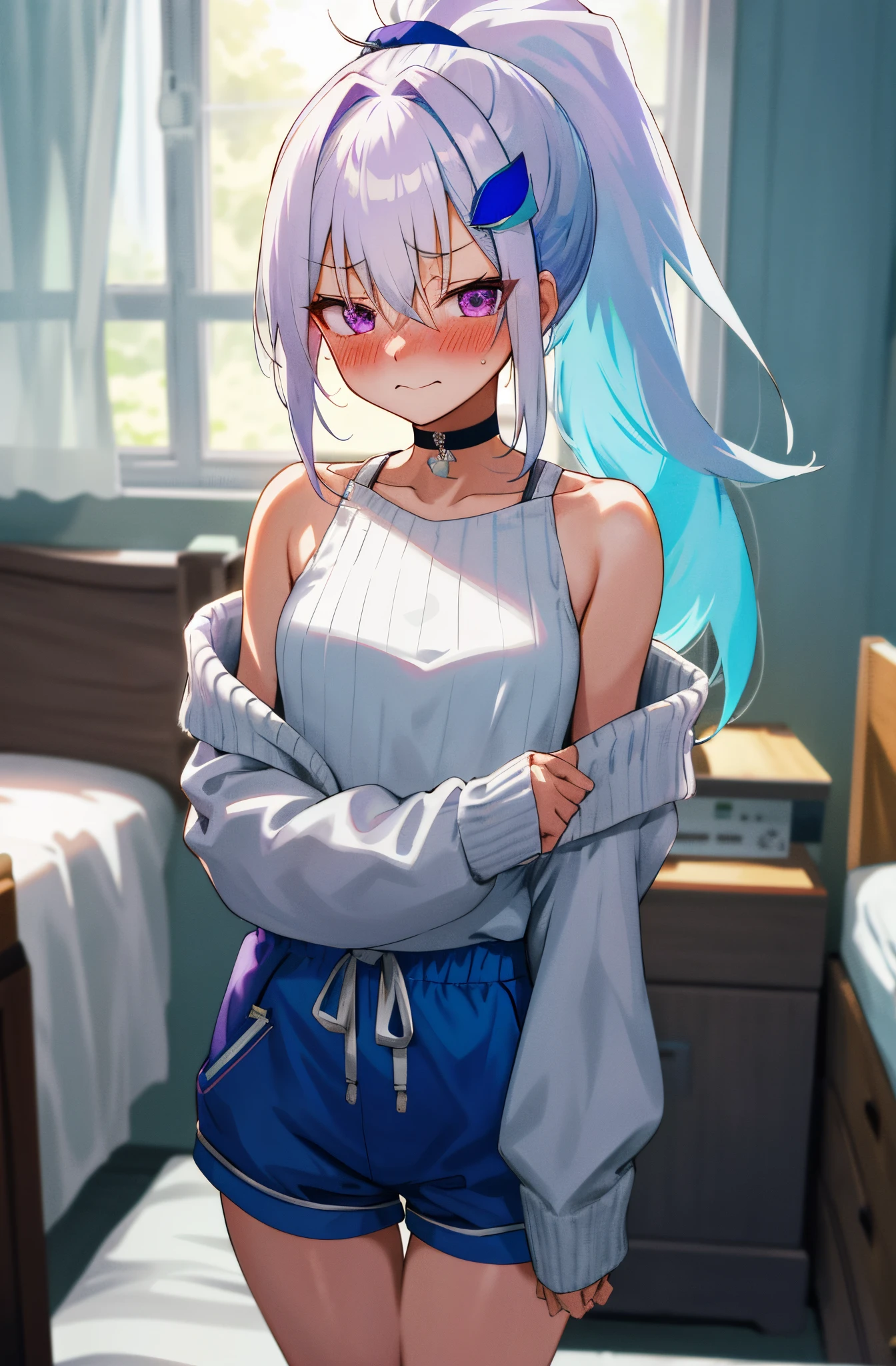 One girl with high ponytail hair, white hair, blue inner hair, purple eyes, looking at viewer, sleepy, blushing, bare shoulders, embarrassed, little smile, wake up from sleep, oversized sweaters, sport shorts, bedroom, thigh, slim, dizzy, choker, mid-chest, wide hips, perfect waist, morning atmosphere, hair ornament, standing,